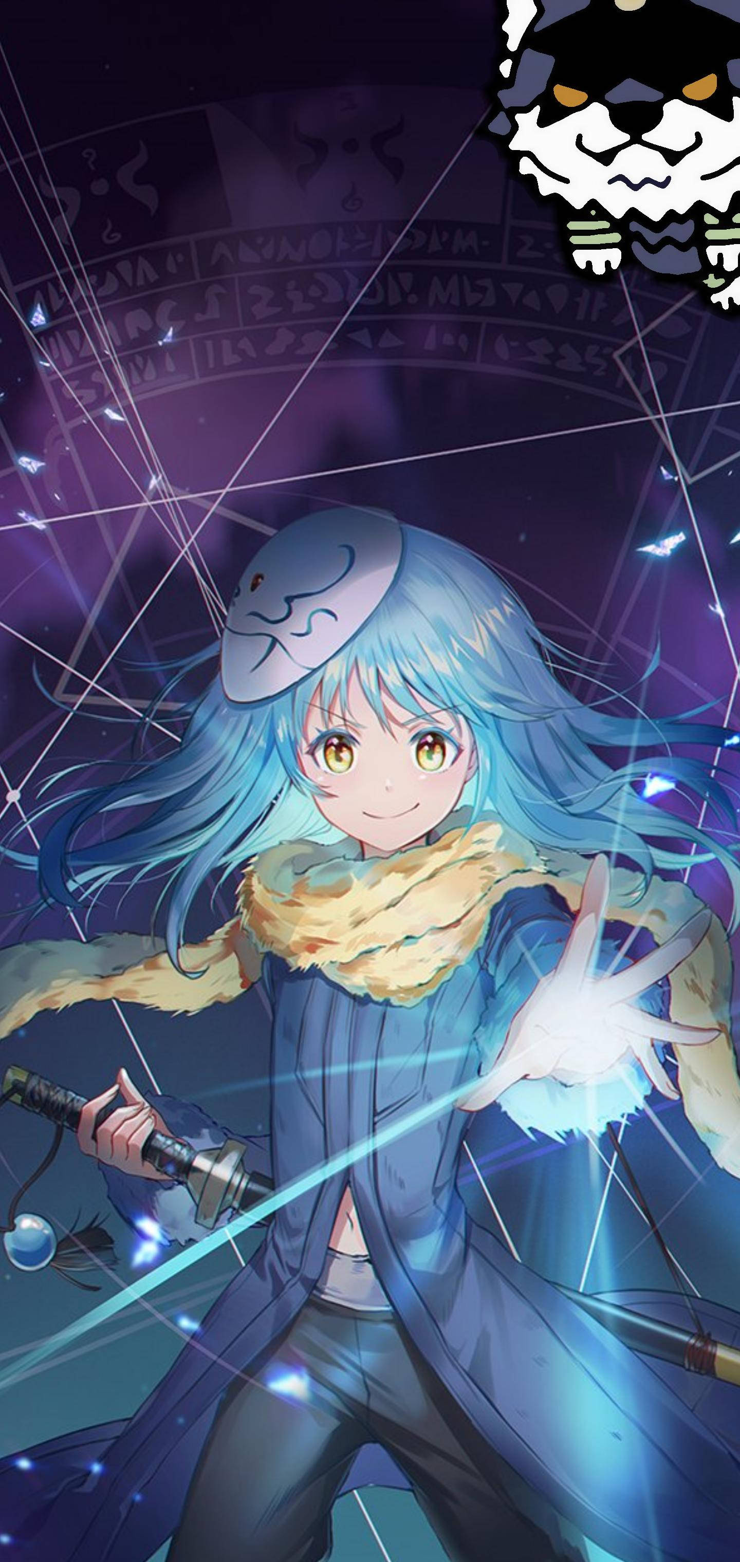 slime 桌布 壁紙 — 藍髮動漫女孩在深紫色背景中揮舞發光劍，周圍有魔法符號和漂浮粒子。