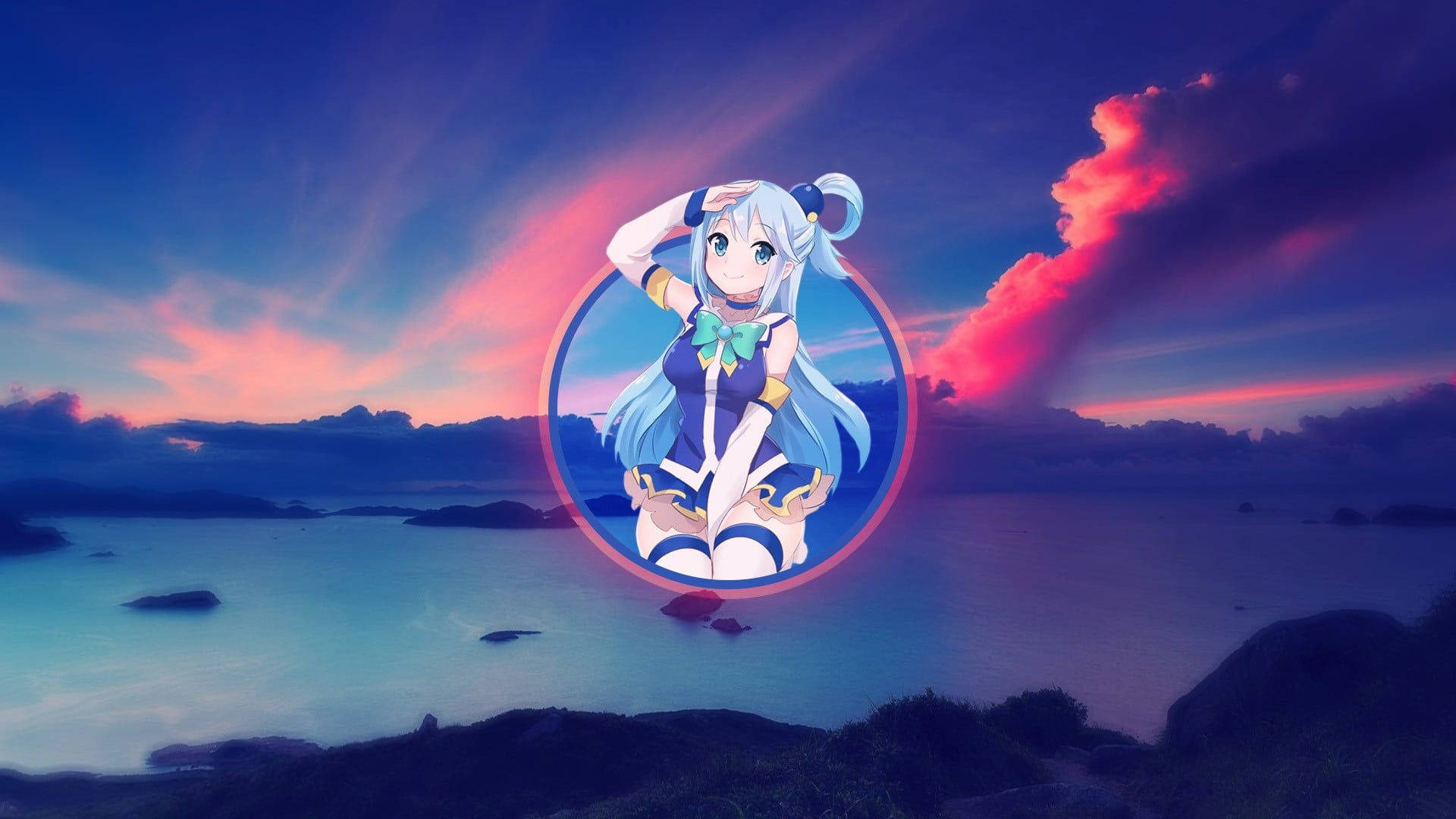 Konosuba 桌布 壁紙 — 藍髮動漫女孩坐在海洋上發光的圓圈中，黃昏時分，天空呈粉紅色和紫色。