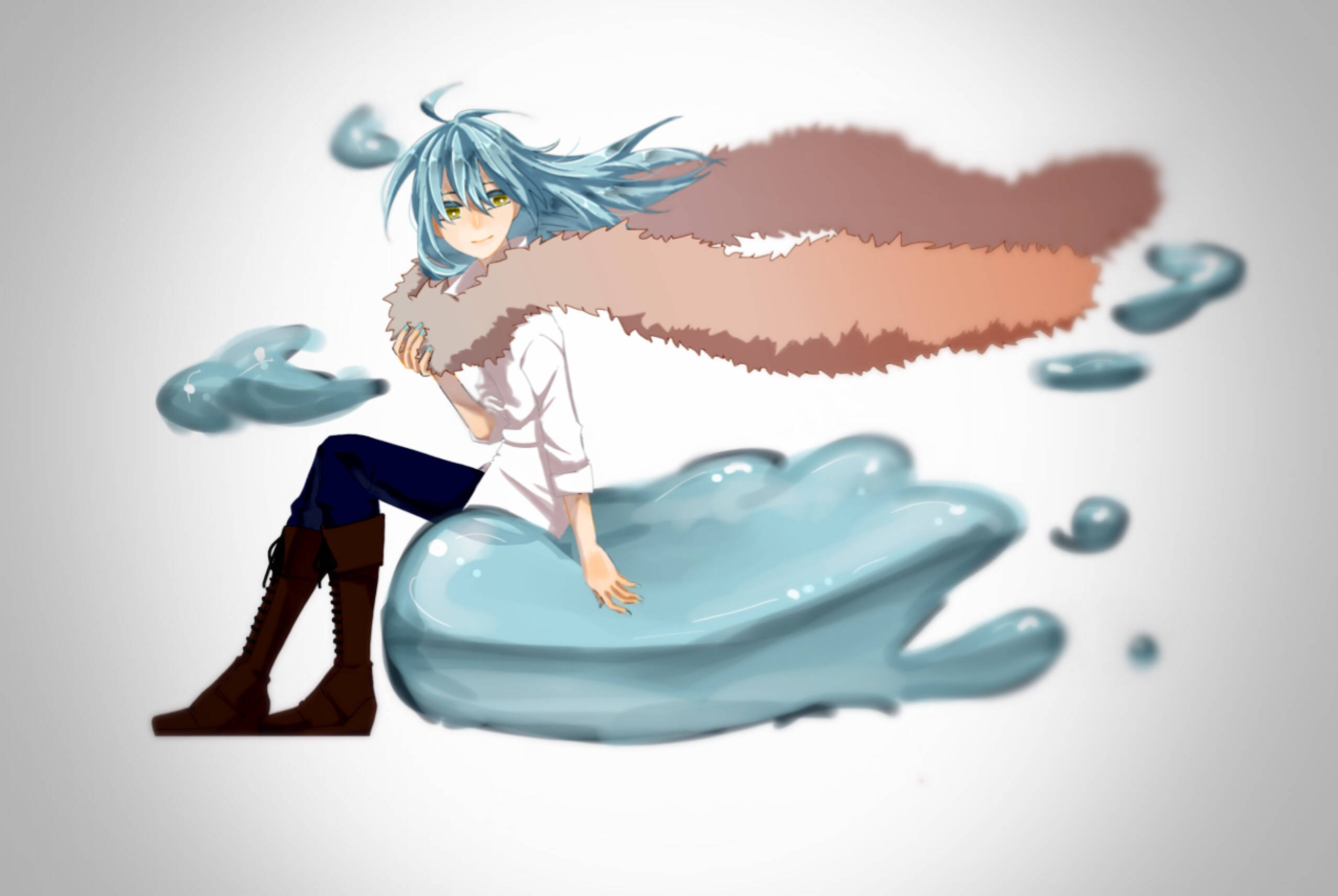 Rimuru 桌布 壁紙 — 藍髮動漫女孩坐在藍色液體團塊上，抱著一條棕色毛絨圍巾，背景是純灰色。