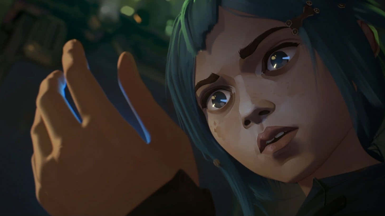 Animated Tv Series 桌布 壁紙 — 藍髮動漫女孩的特寫，睜大眼睛，伸手觸碰發光的藍色能量。