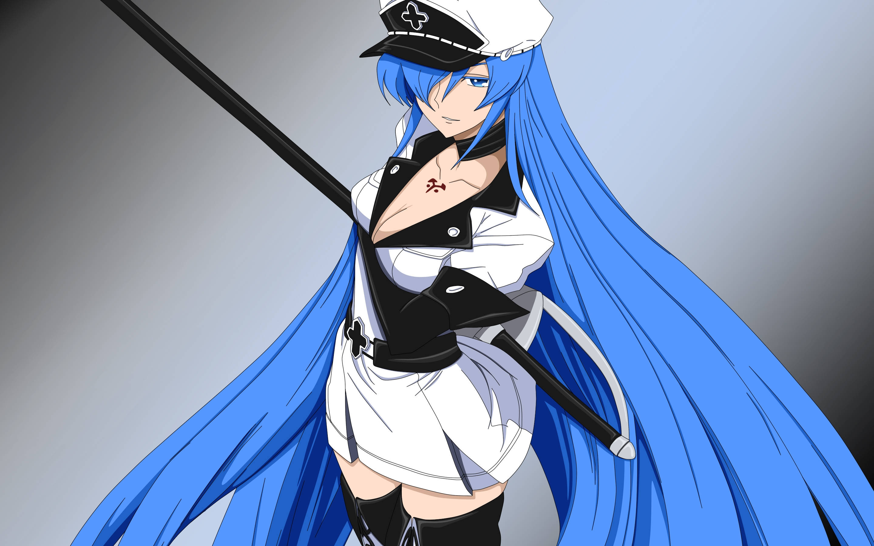 艾斯德斯 桌布 壁紙 — 藍髮動漫女孩穿著白色和黑色制服，在灰色漸變背景前拿著一根長長的黑色法杖。