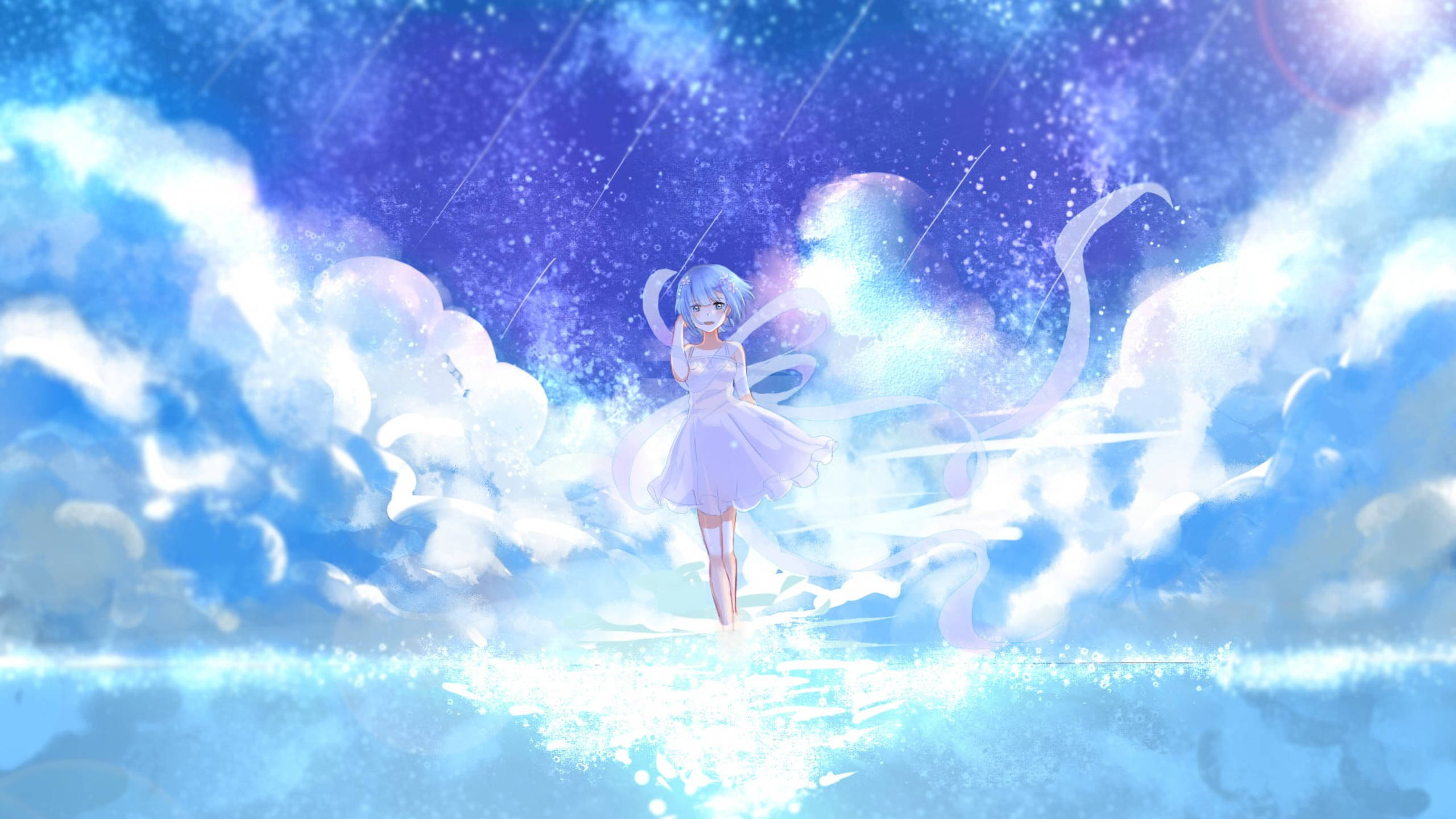 Rem 桌布 壁紙 — 藍髮動漫女孩穿著白色連衣裙，站在發光的雲層中，星空下飄落著粒子。