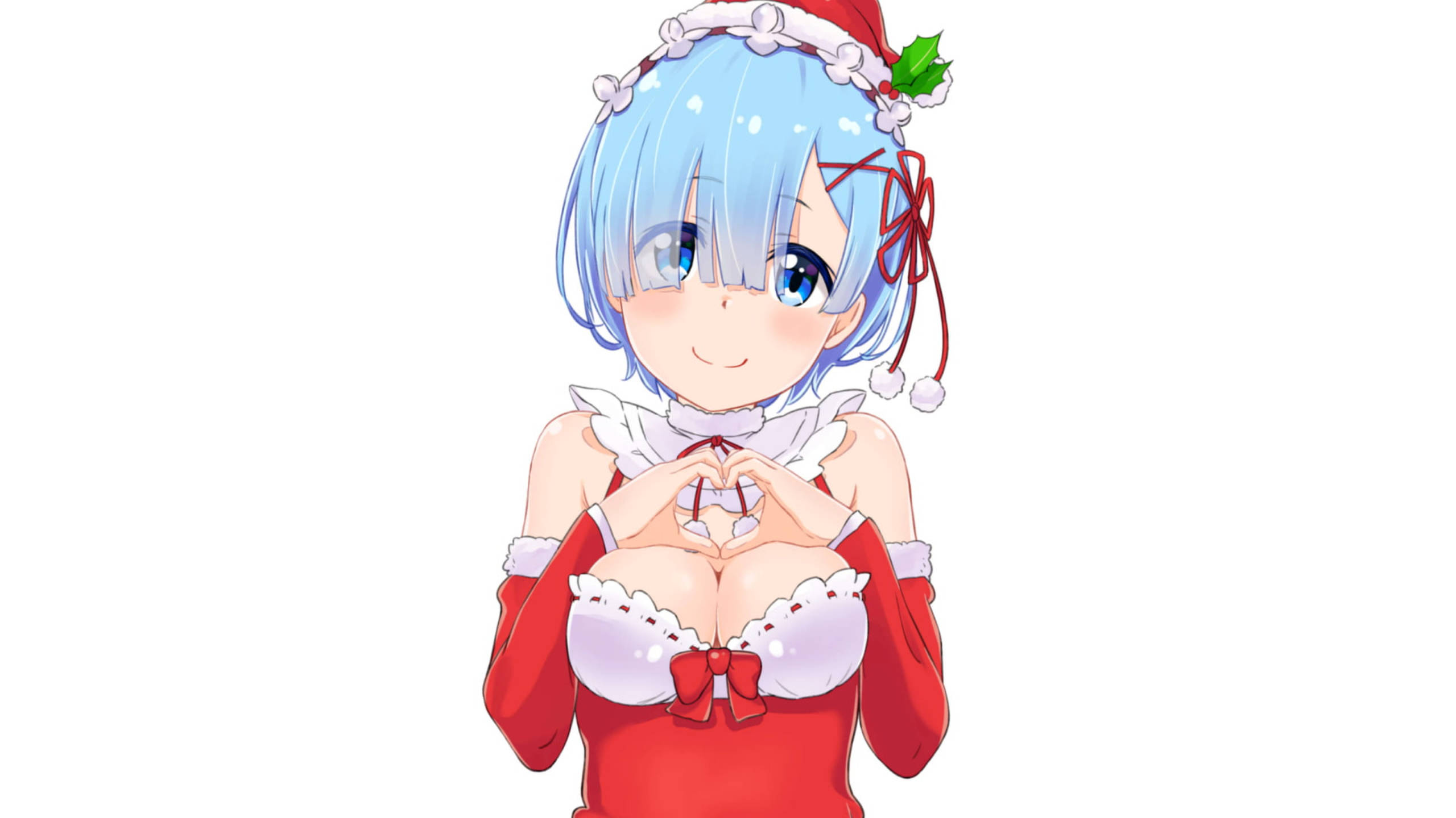 Rem 桌布 壁紙 — 藍髮動漫女孩穿著紅色聖誕服裝，在白色背景前用手比出心形。