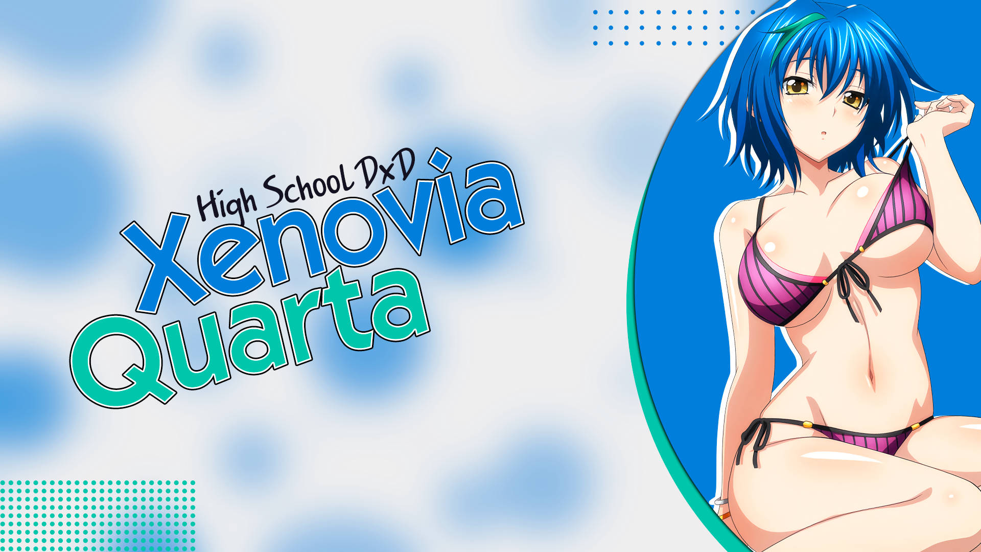 Dxd 桌布 壁紙 — 藍髮動漫女孩穿著紫色比基尼，在藍色圓形框架前擺姿勢，上面有'High School DxD Xenovia Quarta'文字。