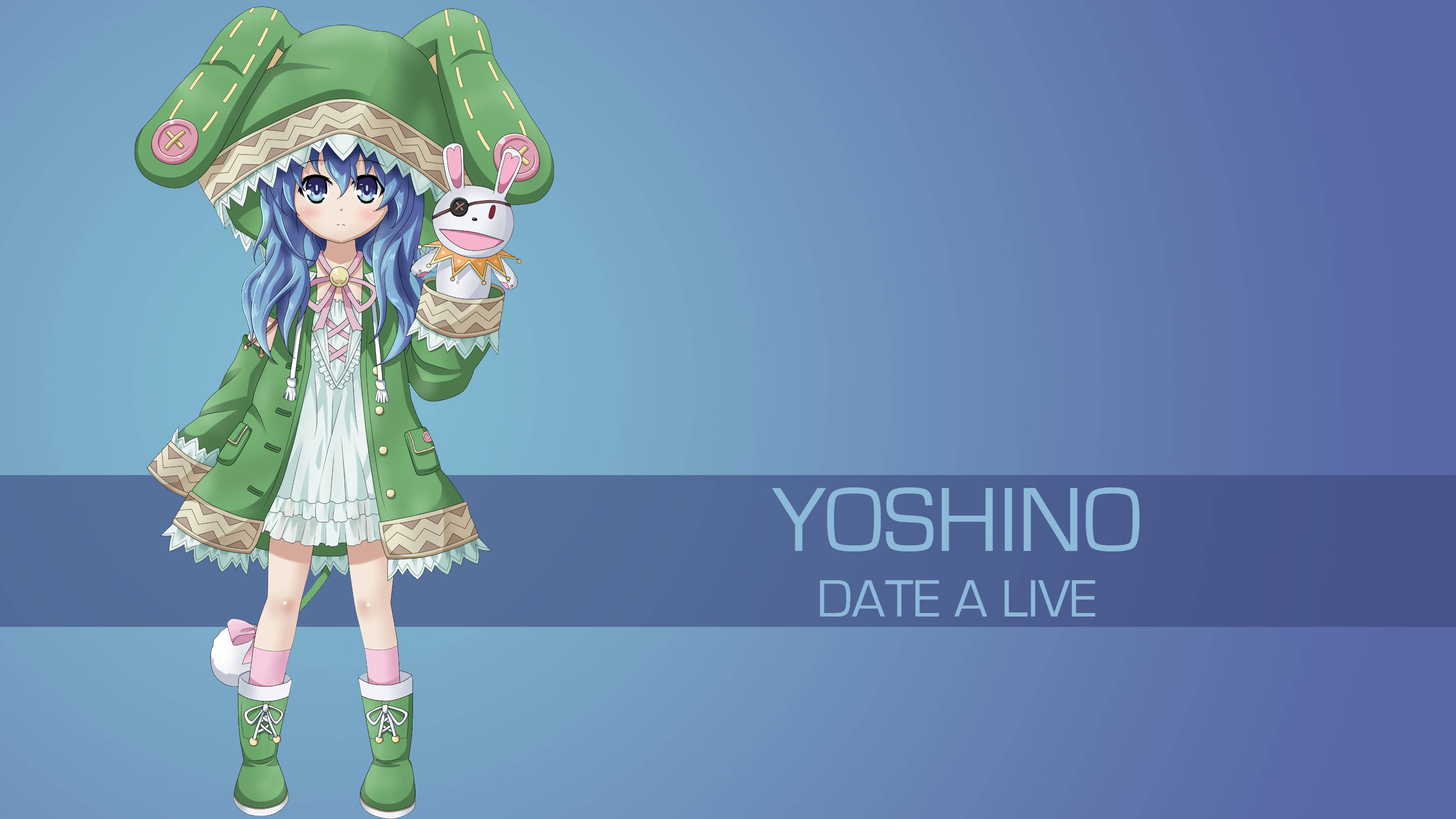 yoshino himekawa 桌布 壁紙 — 藍髮動漫女孩穿著綠色外套和帽子，在漸變藍色背景前抱著兔子毛絨玩具。