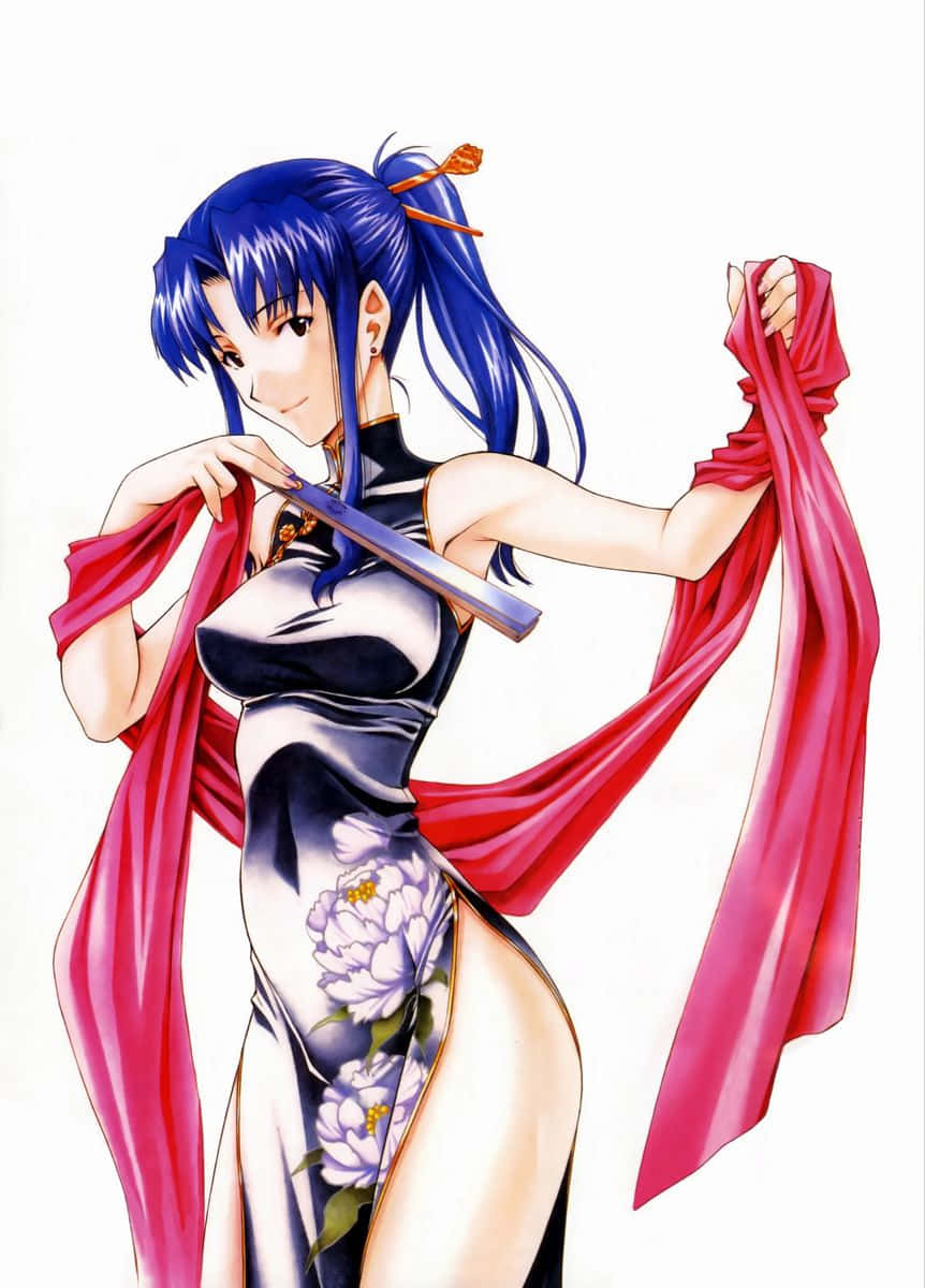 Yui Ikari 桌布 壁紙 — 藍髮動漫女孩穿著黑色花卉連衣裙，手持紅色絲巾和劍，背景為白色。