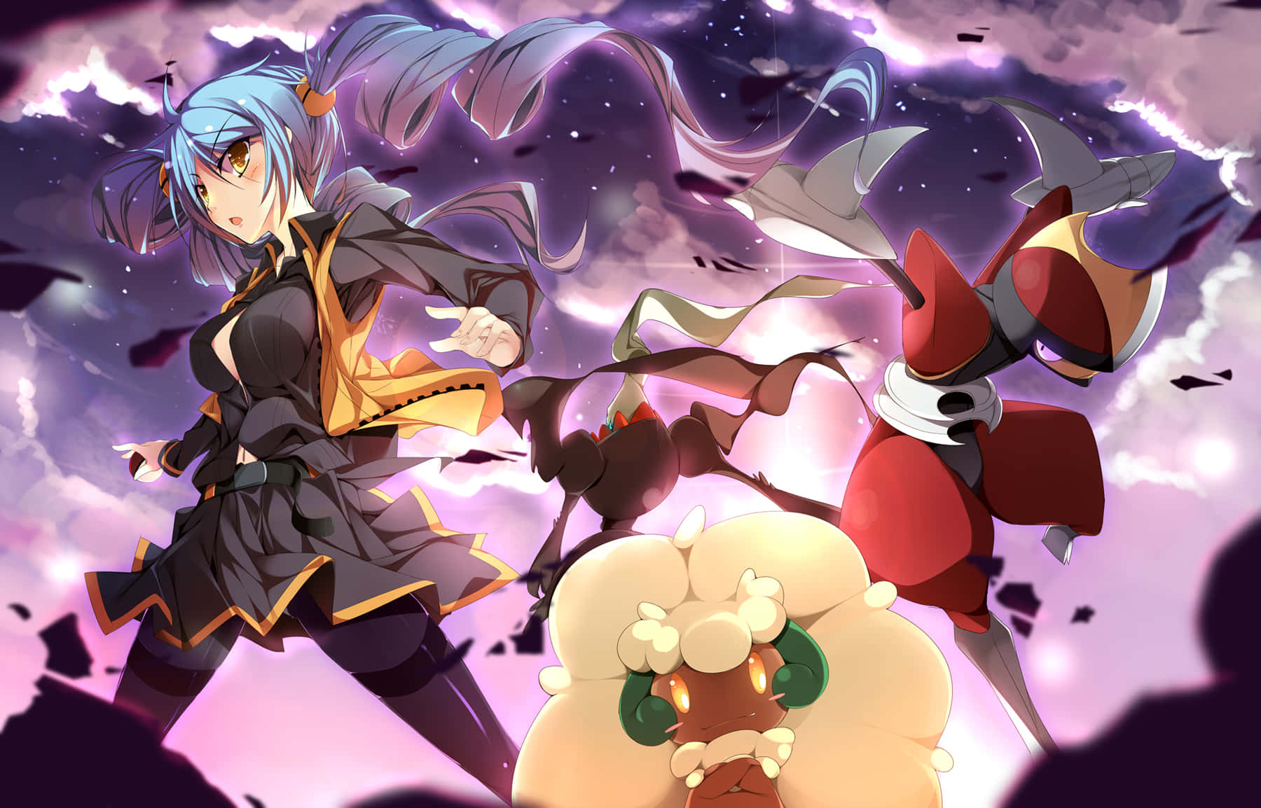 Whimsicott 桌布 壁紙 — 藍髮動漫女孩與兩個生物在紫色天空下，對抗破碎的宇宙背景。