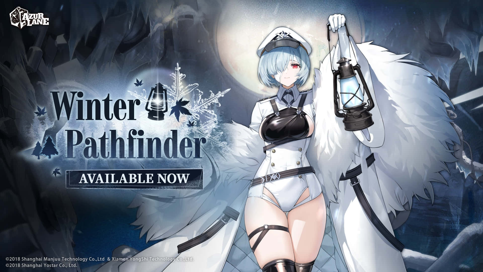 Anime Character 桌布 壁紙 — 藍髮動漫少女穿著冬季制服，在雪地月光背景下提著燈籠，周圍是結霜的樹木。