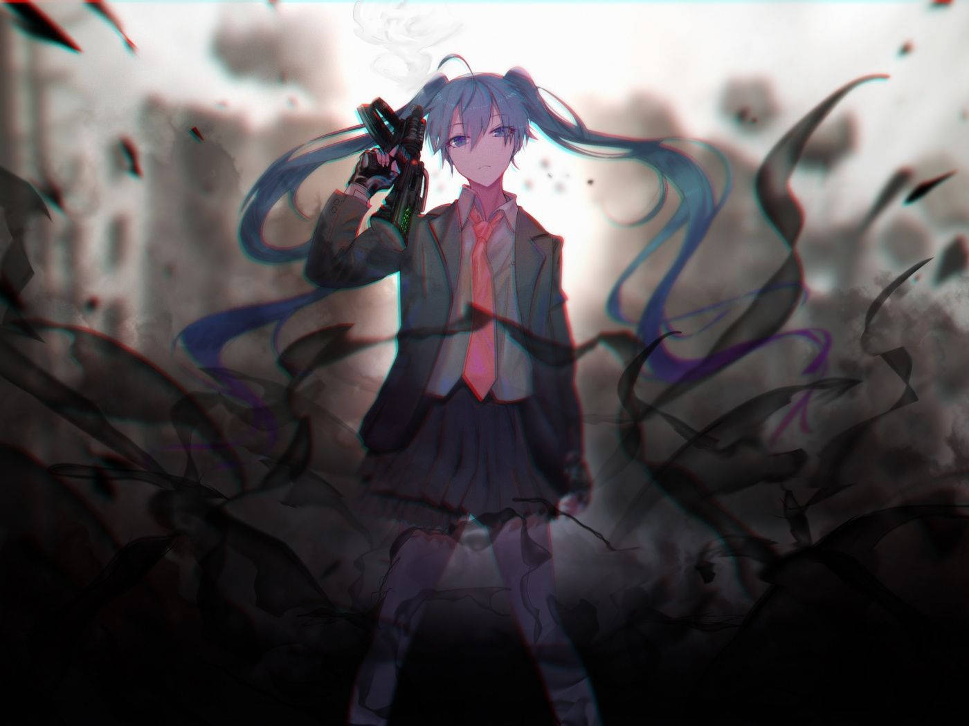 Hatsune Miku 桌布 壁紙 — 藍髮動漫少女穿著校服，在旋轉的黑煙和碎片中手持槍支。