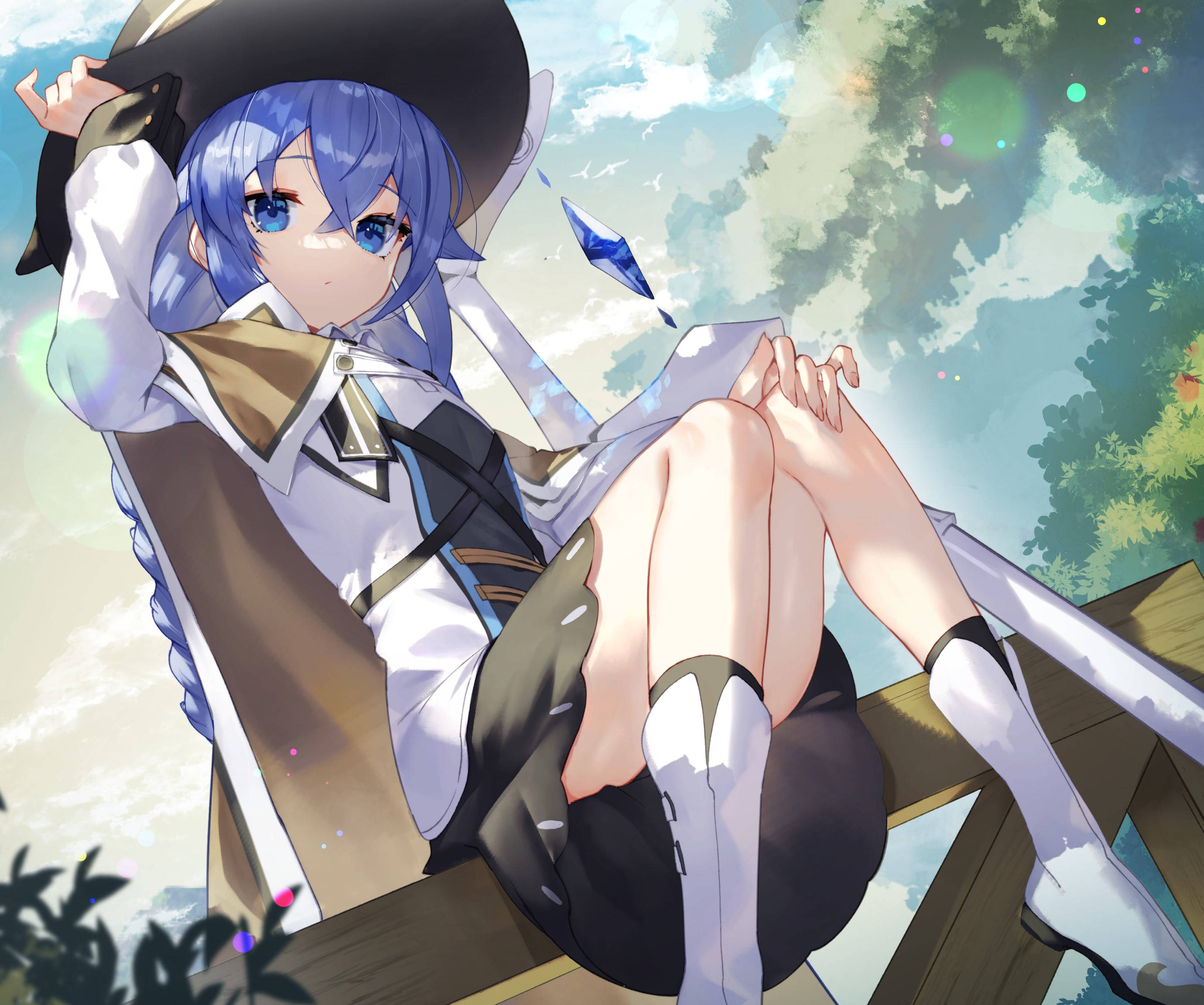 無職轉生 桌布 壁紙 — 藍髮動漫少女穿著校服，在明亮的天空下躺在一張木長椅上，周圍有漂浮的水晶碎片。