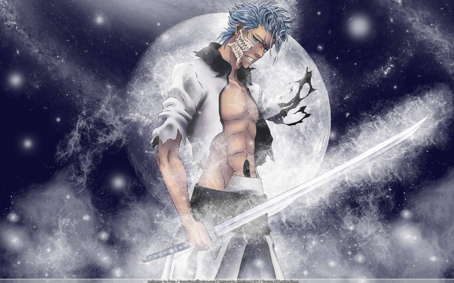 Grimmjow 桌布 壁紙 — 藍髮動漫戰士戴著骷髏面具，在宇宙月亮背景下揮舞發光劍。