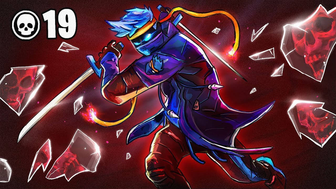 Ninja Fortnite 桌布 壁紙 — 藍髮動漫戰士身穿紫色盔甲，在深紅色背景中，用發光的劍劈開破碎的紅色頭骨水晶。