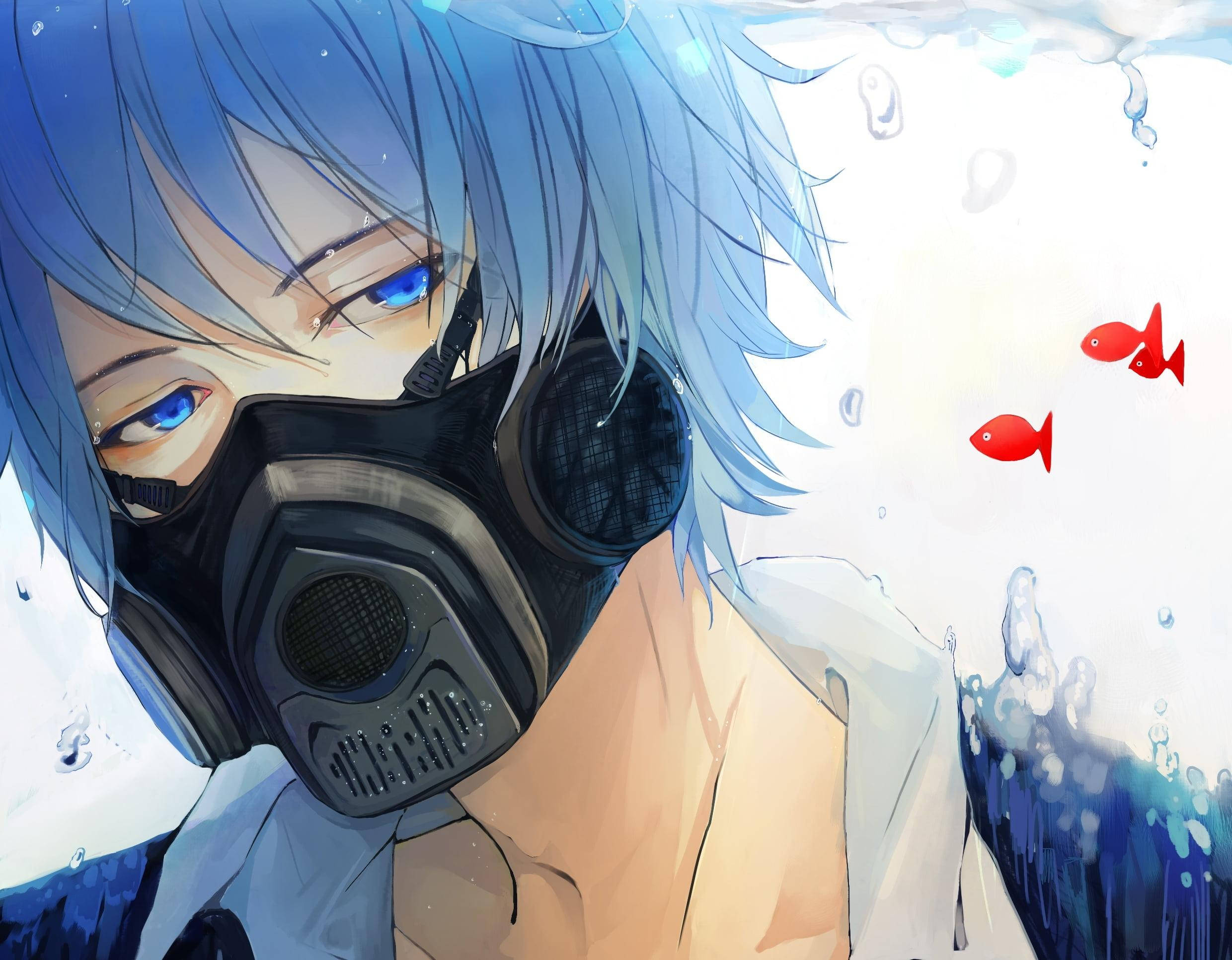 Cute Anime Boy 桌布 壁紙 — 藍髮動漫男孩戴著防毒面具潛入水中，凝視著附近游動的兩條紅魚。