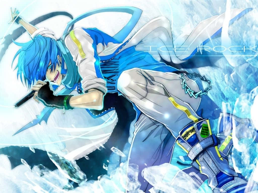 Vocaloid 桌布 壁紙 — 藍髮動漫角色以動態姿勢被破碎的冰塊和發光能量效果包圍。