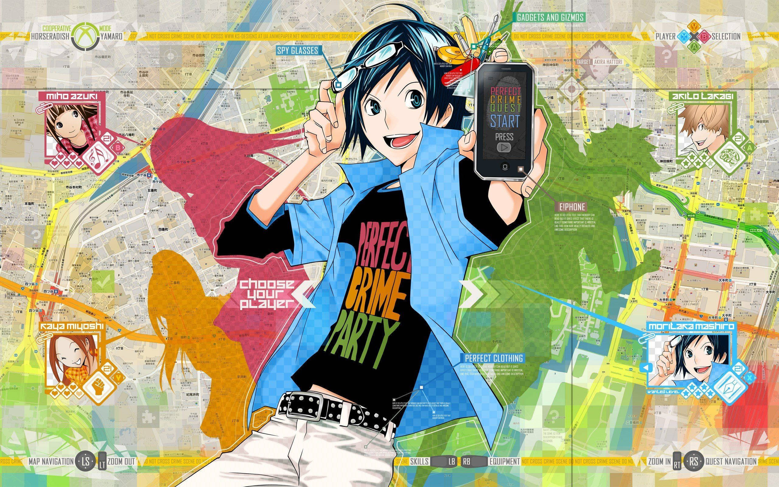Bakuman 桌布 壁紙 — 藍髮動漫角色手持電話，置於帶有玩家選擇圖示和遊戲UI元素的地圖介面上方。