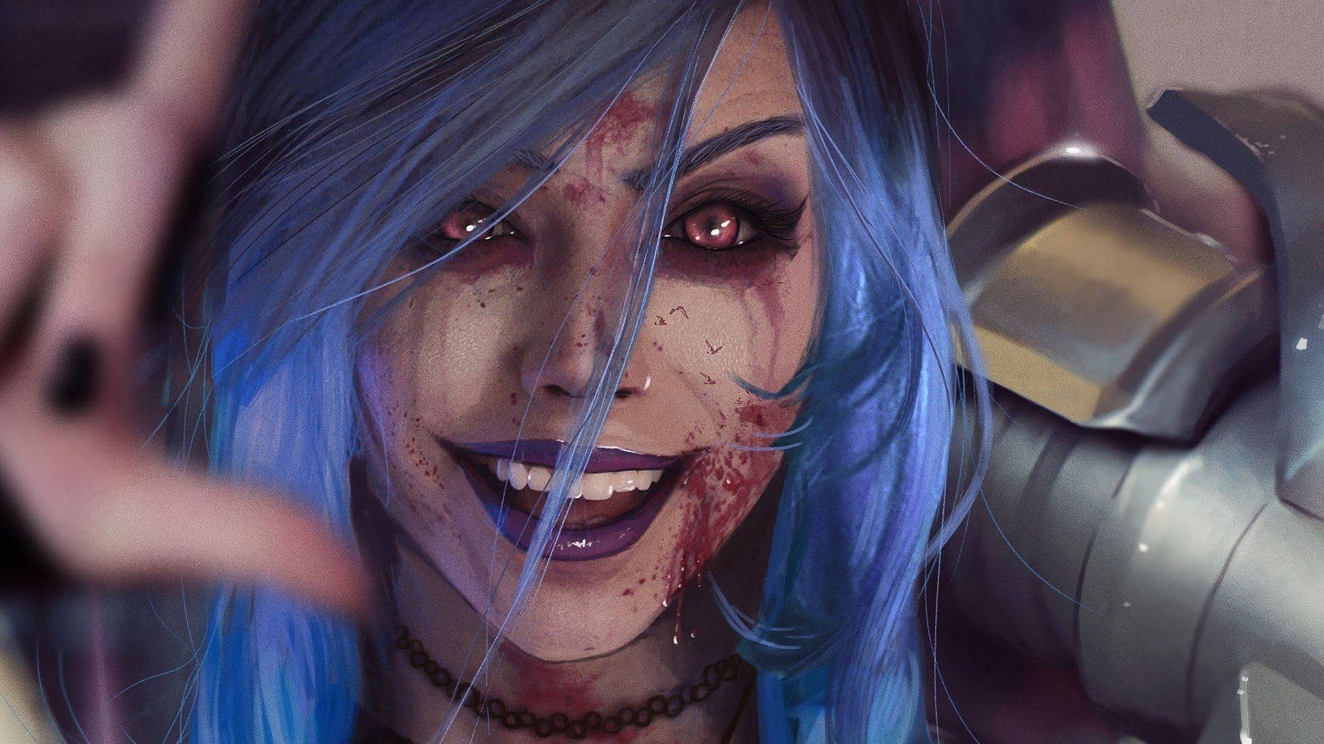 Jinx 桌布 壁紙 — 藍髮動漫角色特寫，滿臉鮮血，紅眼，手持武器。