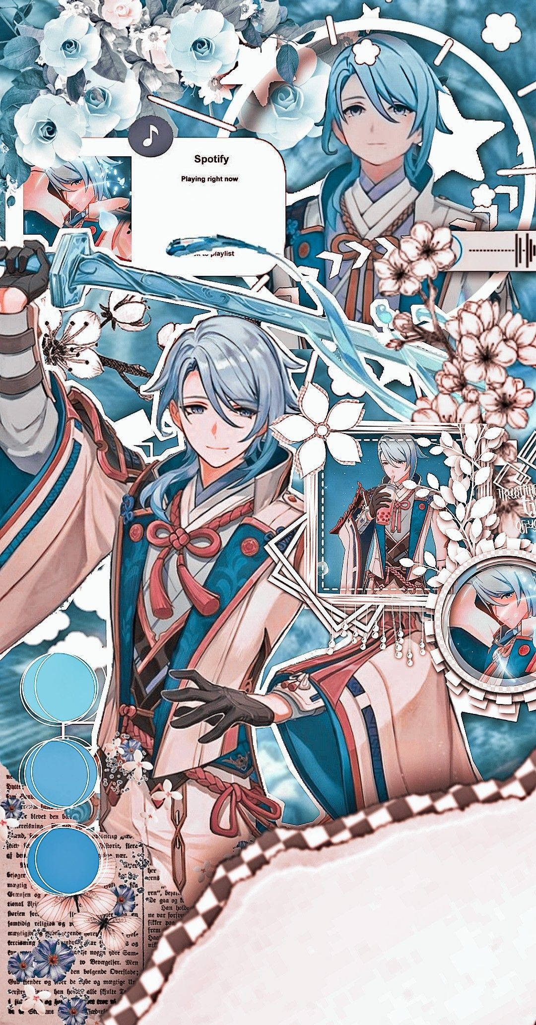 ayato 桌布 壁紙 — 藍髮動漫角色穿著傳統服裝，被櫻花、Spotify小工具和時鐘元素環繞。
