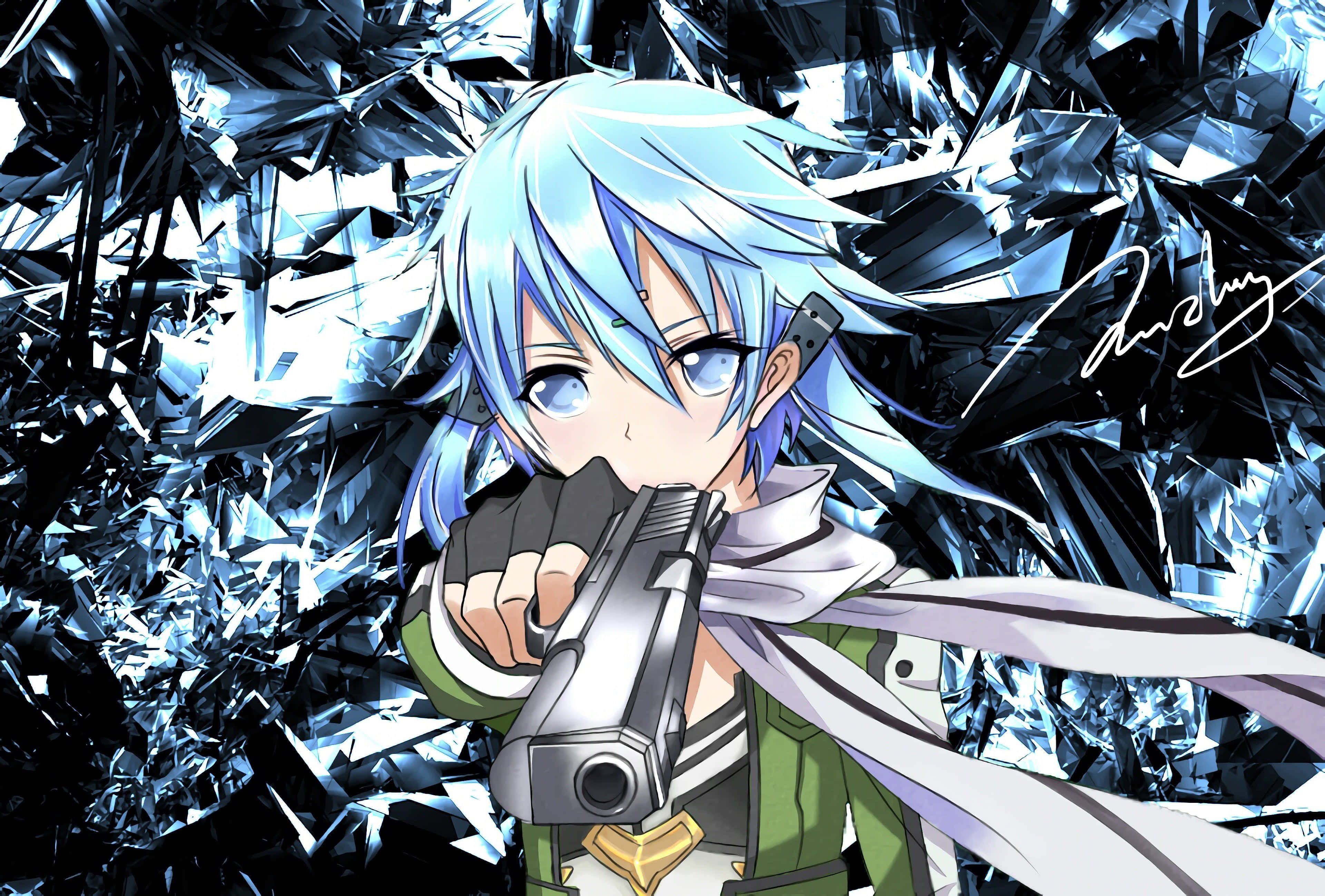 Sinon 桌布 壁紙 — 藍髮動畫女孩透過破碎玻璃瞄準手槍，展現出強烈的專注與決心。