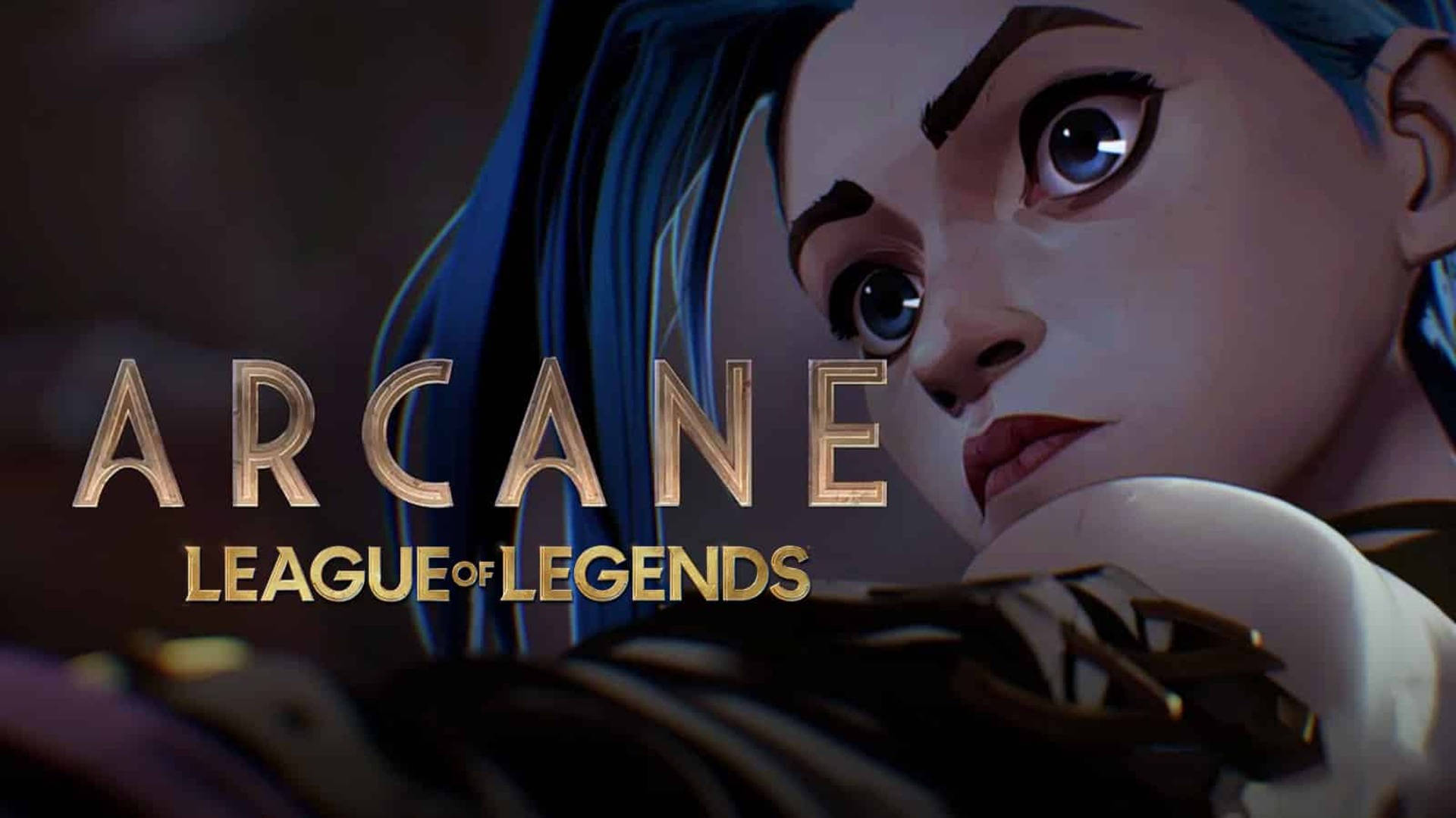 Arcane 桌布 壁紙 — 藍髮動畫角色特寫，睜大眼睛專注凝視，旁邊是《Arcane League of Legends》標題。