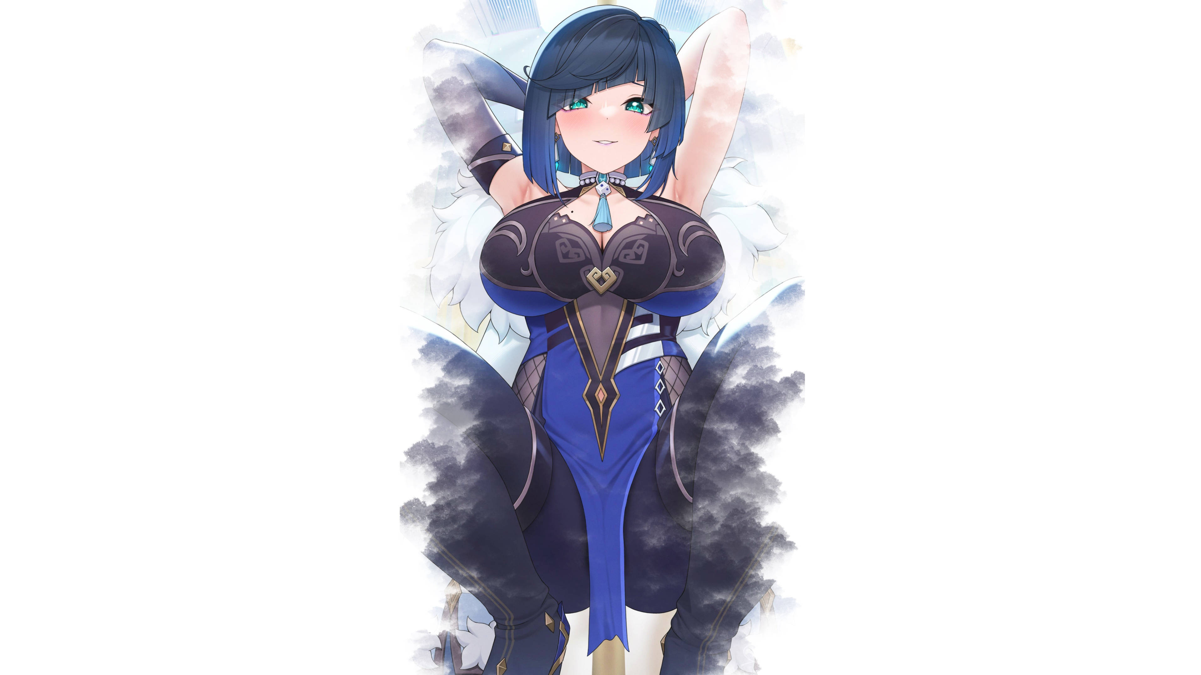 原神 蘇蘋 桌布 壁紙 — 藍髮天使翼動漫少女，身穿華麗藍色服裝，被煙霧雲環繞。