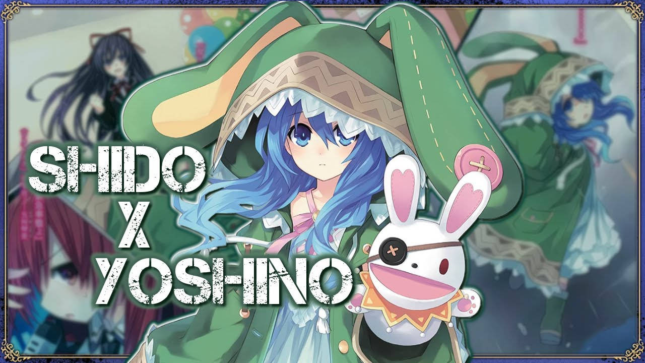 yoshino himekawa 桌布 壁紙 — 藍髮女孩戴著綠色兔帽，在色彩繽紛的插圖背景前抱著可愛的兔子絨毛玩具。