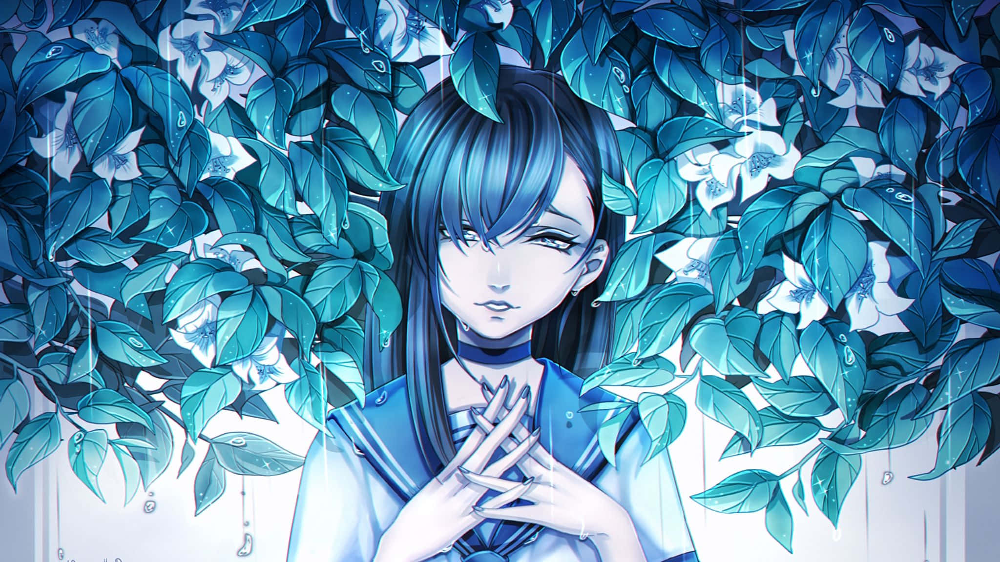 藍髮少女頭戴花朵 壁紙