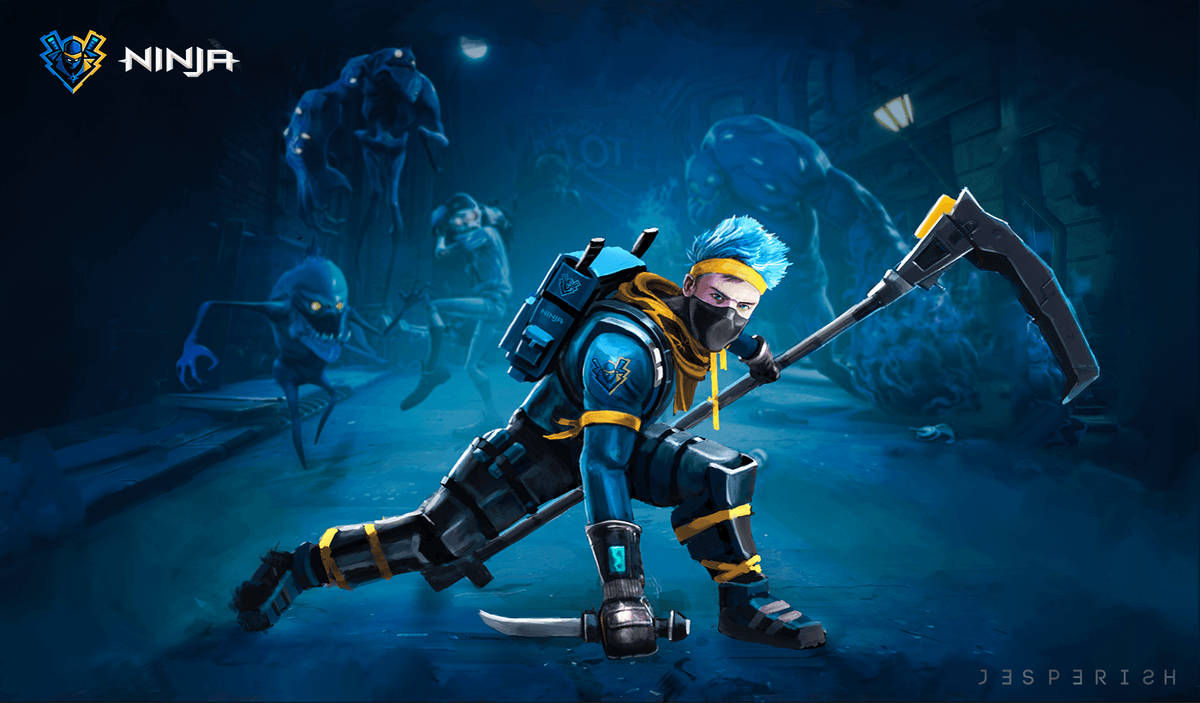 Ninja Fortnite 桌布 壁紙 — 藍髮忍者在戰術裝備中揮舞鐮刀，身處黑暗地牢，有發光的眼睛和陰影生物潛伏在後面。