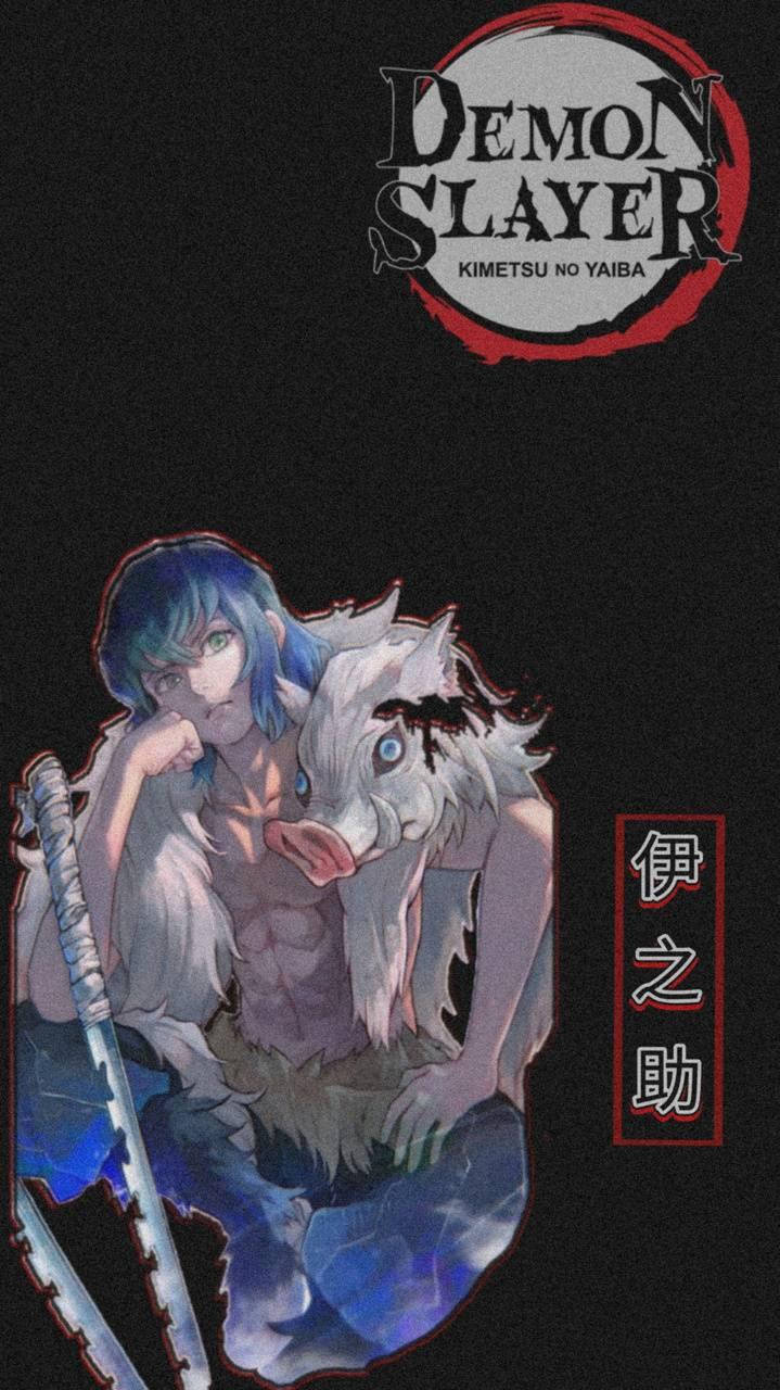 鬼滅之刃 桌布 壁紙 — 藍髮惡魔獵人與野豬惡魔同伴在黑暗背景下持劍。