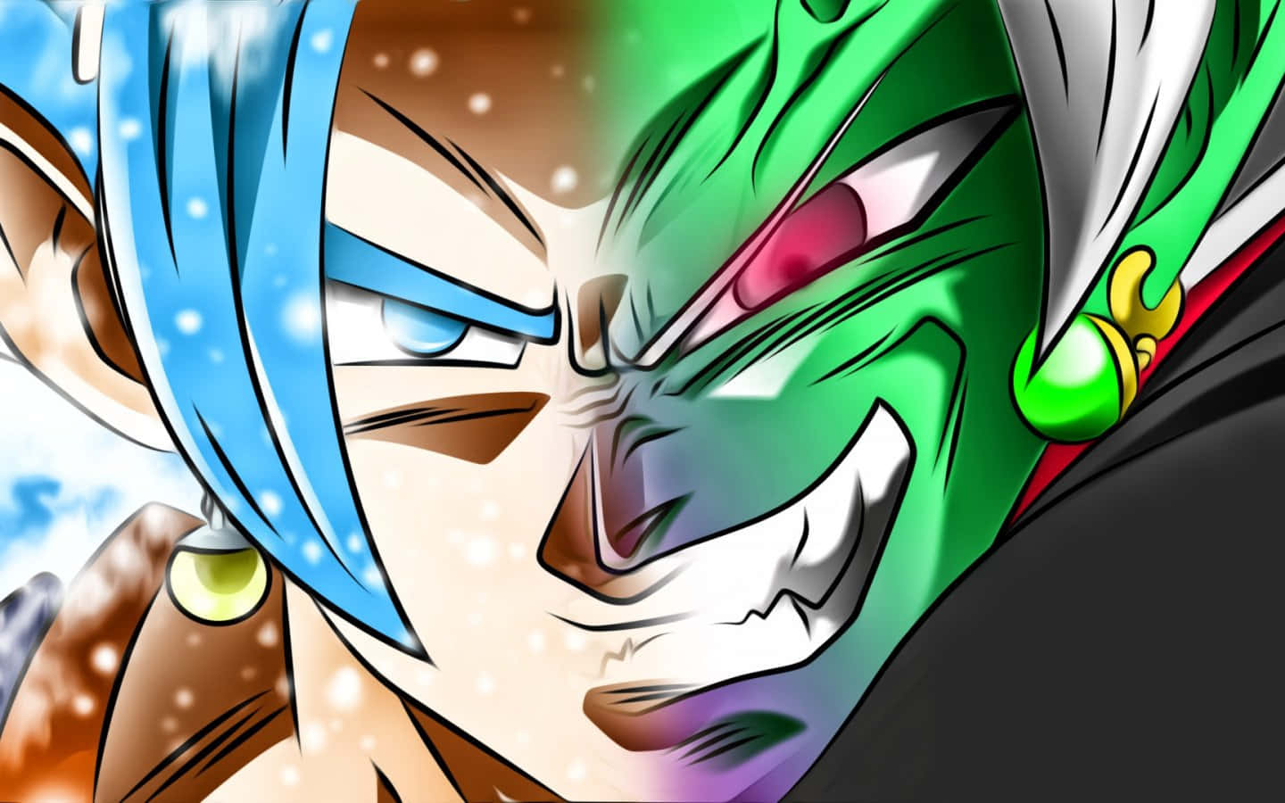 Goku And Vegeta 桌布 壁紙 — 藍髮戰士與綠皮膚、發光眼睛和尖牙的惡棍之間的激烈動漫決鬥。