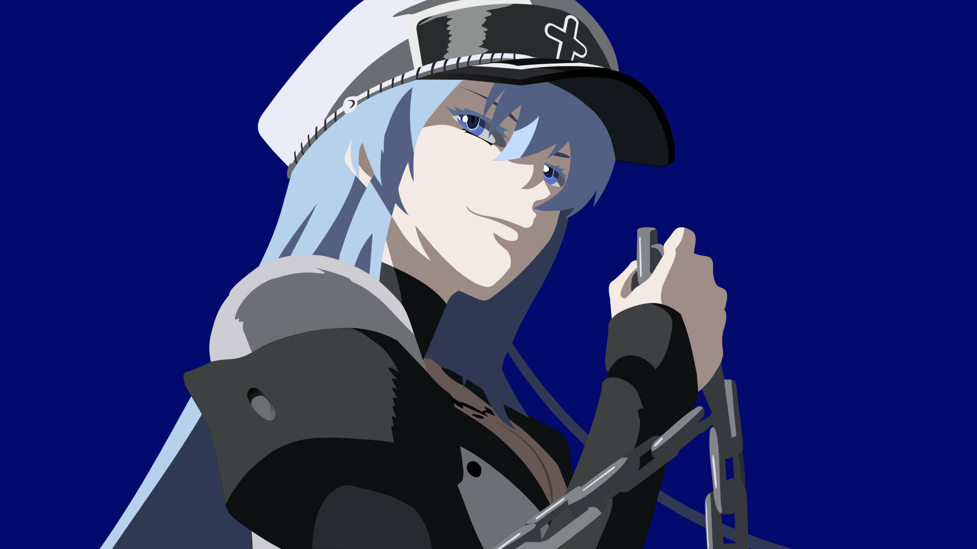 Esdeath 桌布 壁紙 — 藍髮戴帽的動漫角色在深藍色背景前手持武器。