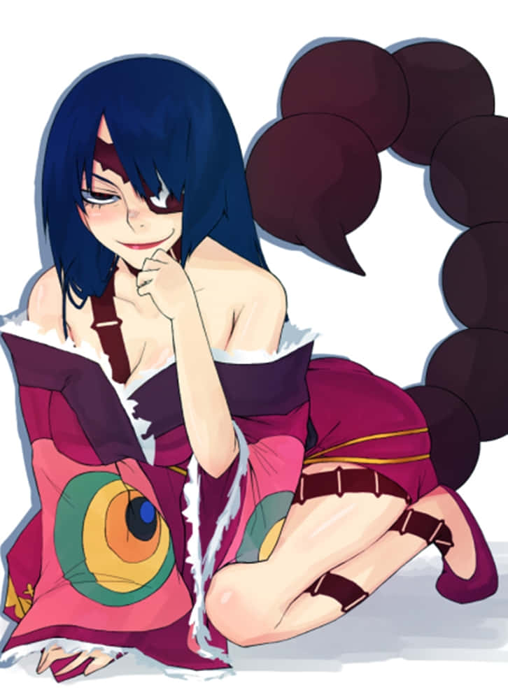 Gurren Lagann Adiane 桌布 壁紙 — 藍髮戴眼罩的動漫女孩，穿著帶有大眼睛圖案的彩色服裝，蹲下微笑。