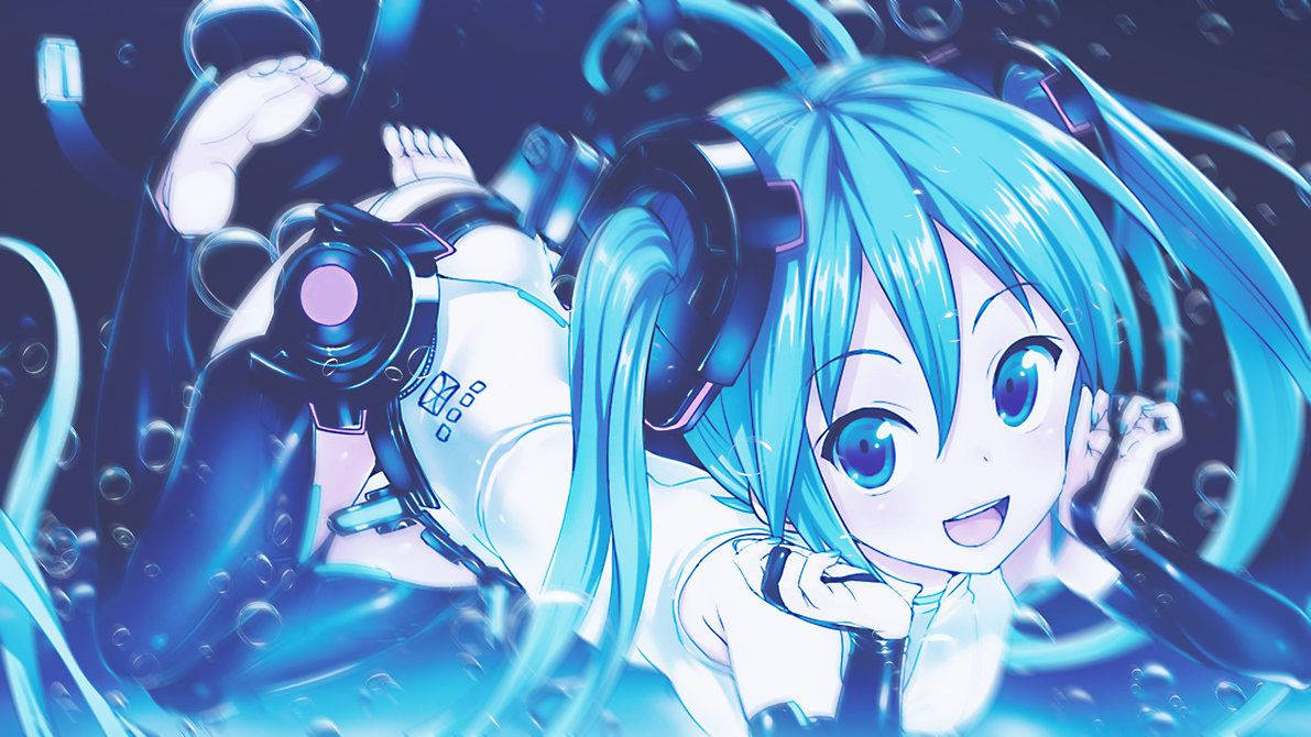 miku 桌布 壁紙 — 藍髮戴耳機的動漫女孩在水下微笑，周圍環繞著發光氣泡和科技元素。