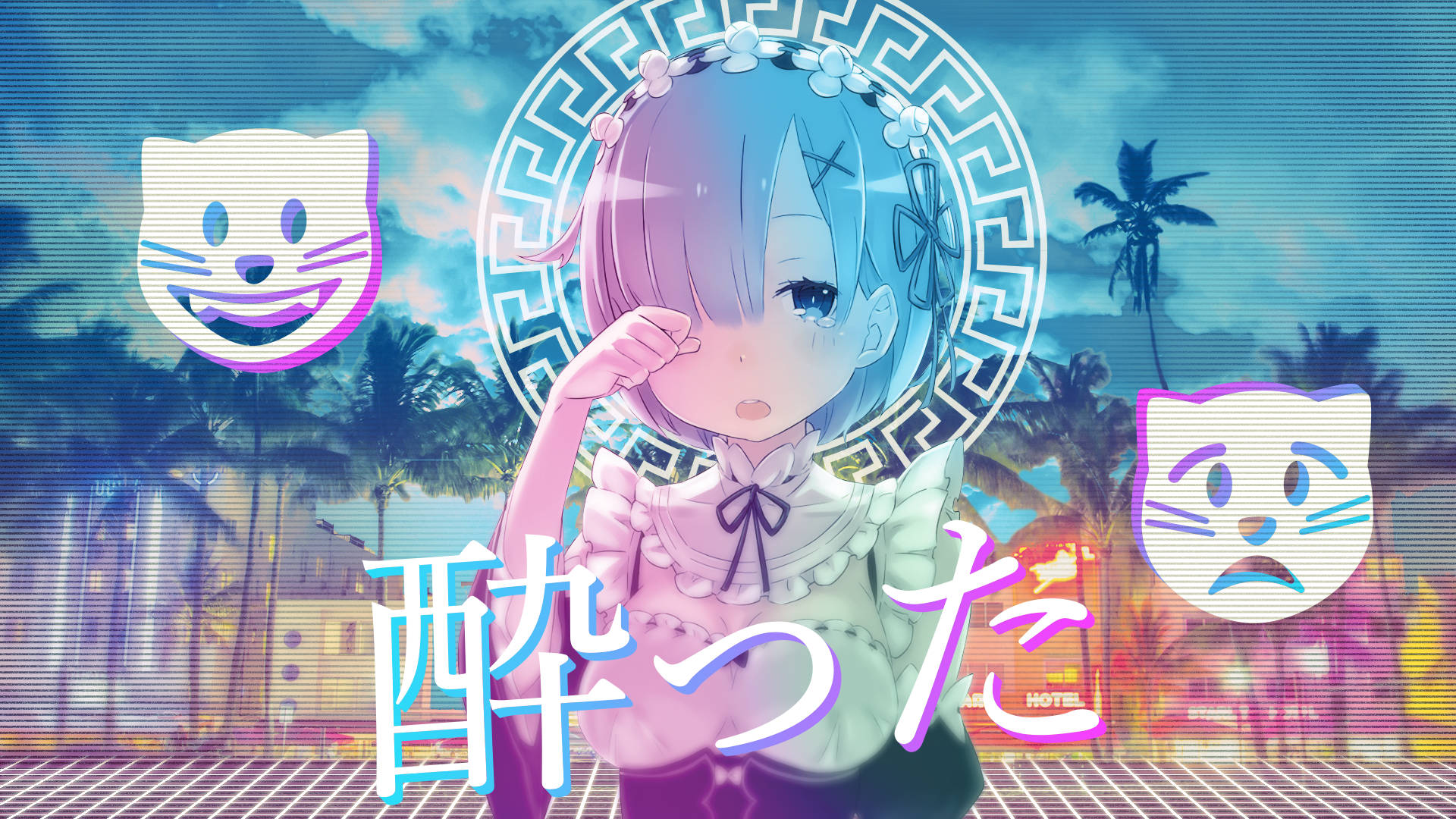 動漫女孩 桌布 壁紙 — 藍髮戴花頭帶的動漫女孩站在霓虹燈照亮的熱帶場景中，有棕櫚樹和故障貓臉。
