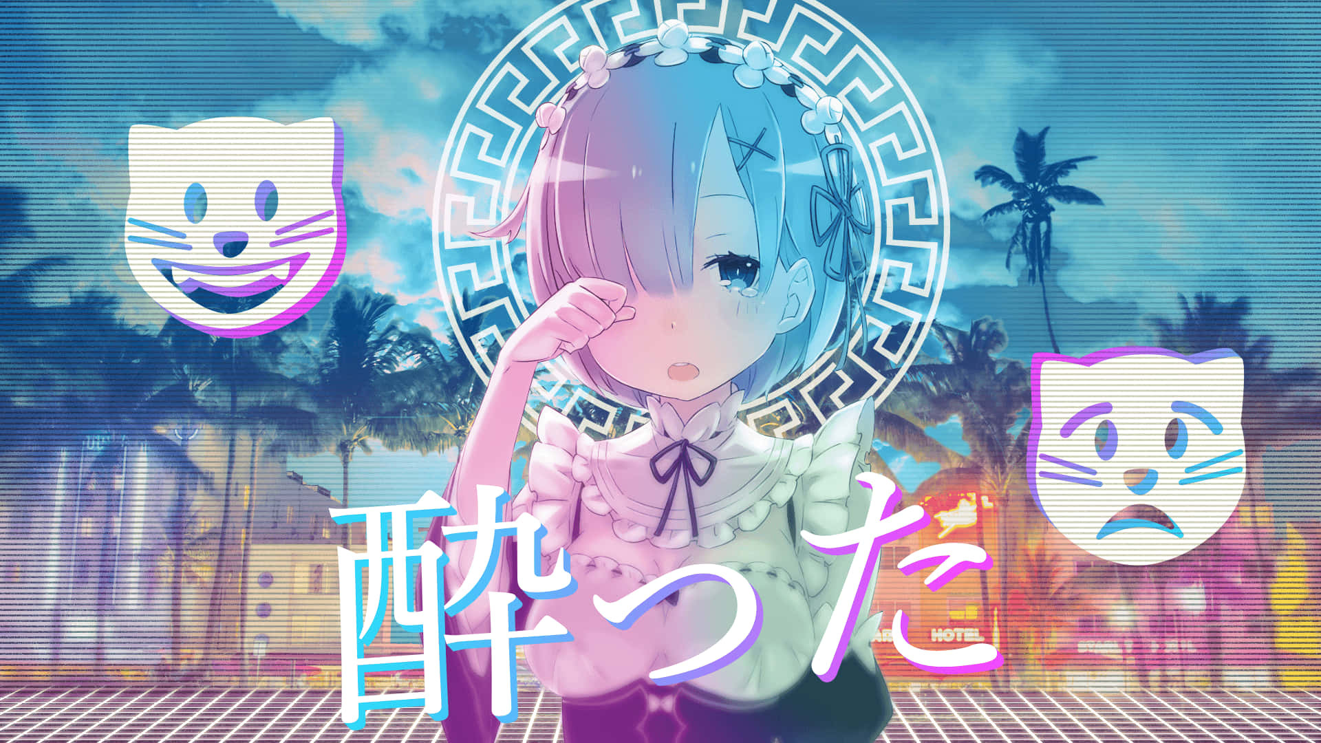 蒸氣波 桌布 壁紙 — 藍髮戴花飾的動漫少女站在霓虹燈照亮的熱帶場景中，有棕櫚樹和故障貓臉。