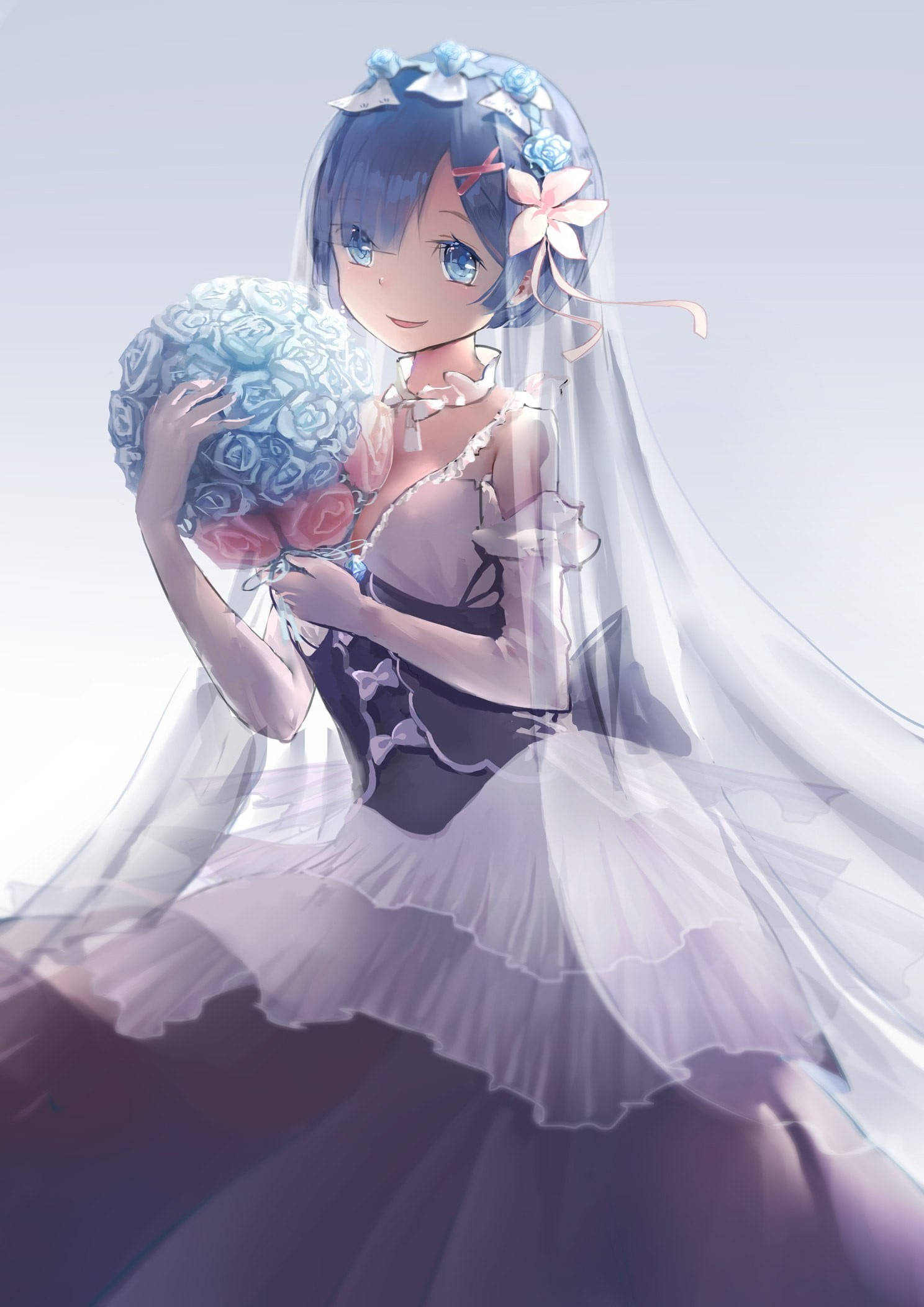 Wedding Dress 桌布 壁紙 — 藍髮戴頭紗的動漫新娘在柔和漸變背景前手持一束藍色和粉紅色玫瑰。
