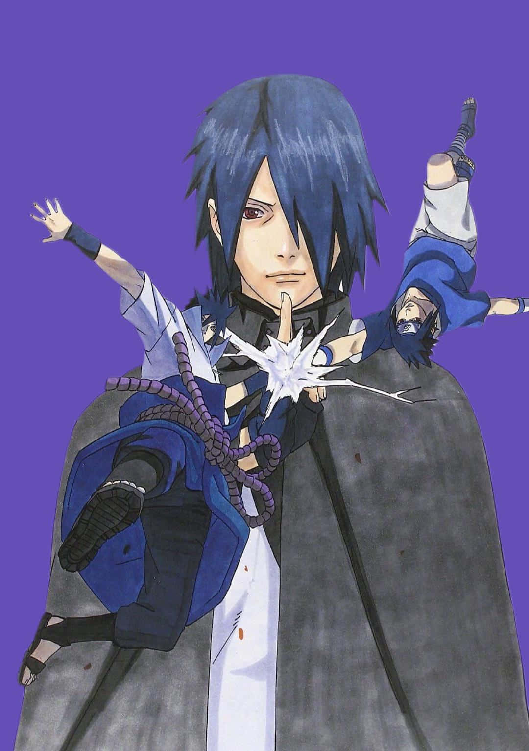 Sasuke Manga 桌布 壁紙 — 藍髮披風的動漫角色站在中央，被漂浮的克隆體包圍，背景為純紫色。