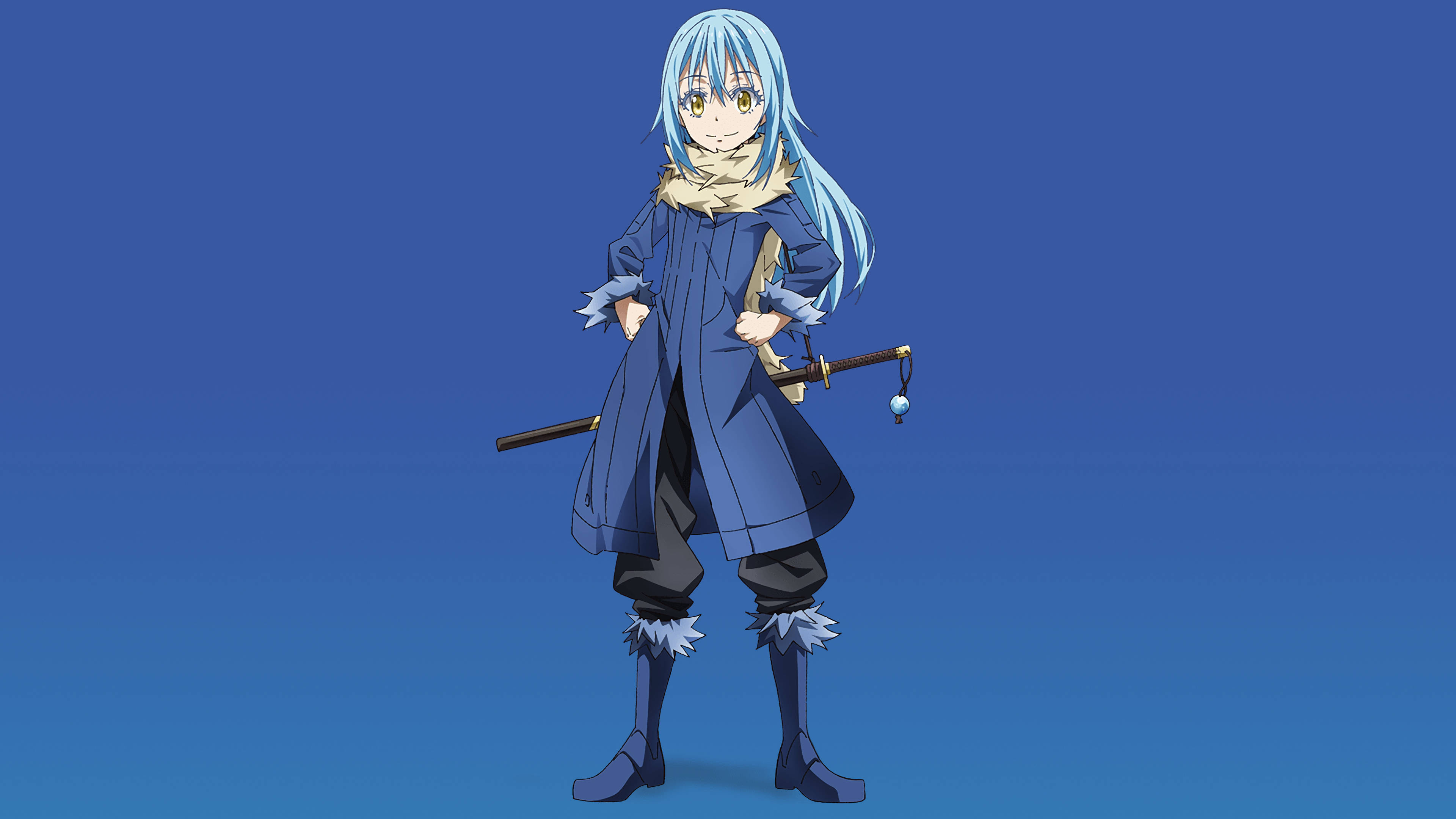 Rimuru 桌布 壁紙 — 藍髮持劍的動漫女孩自信地站在漸變藍色背景前。