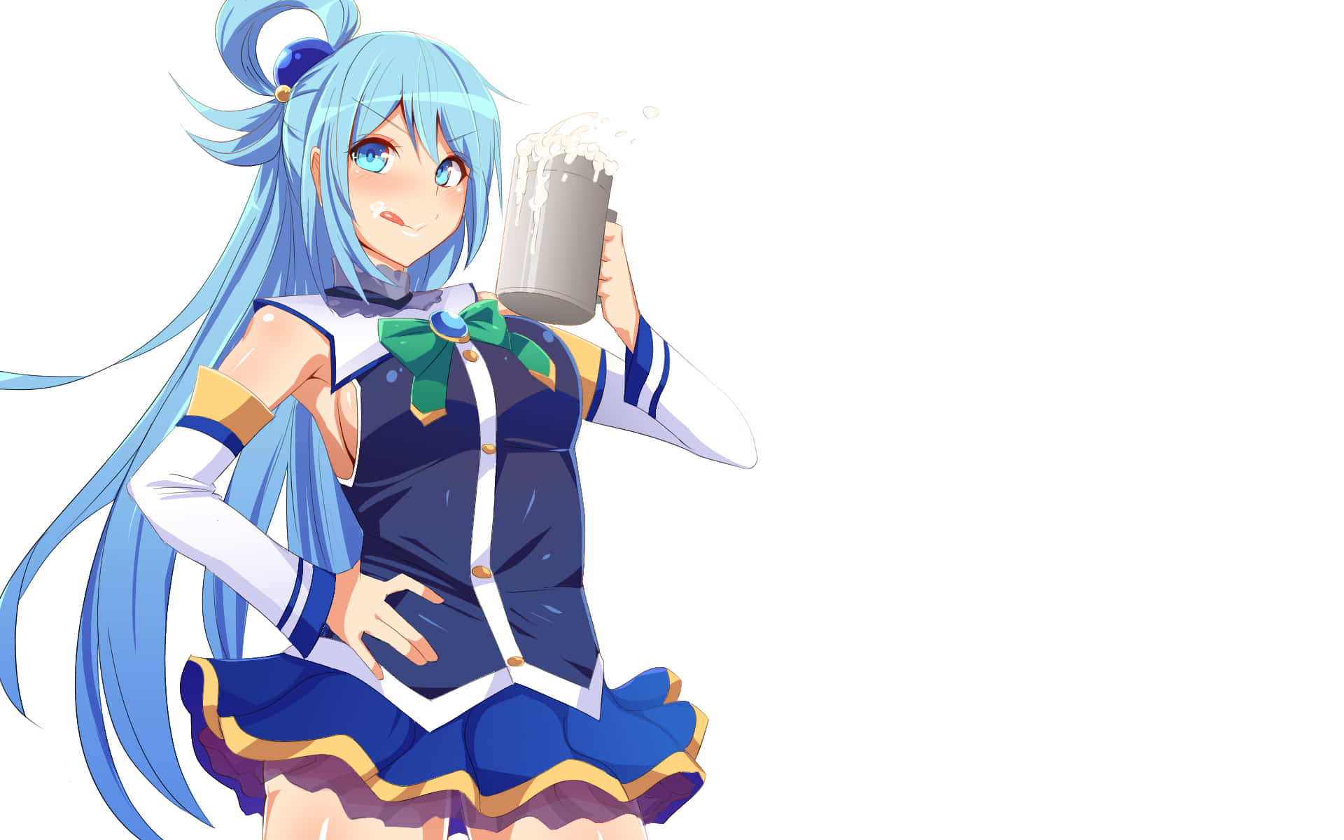 Konosuba 桌布 壁紙 — 藍髮水手服動畫女孩，在純白背景前，手持泡沫杯，表情愉快。