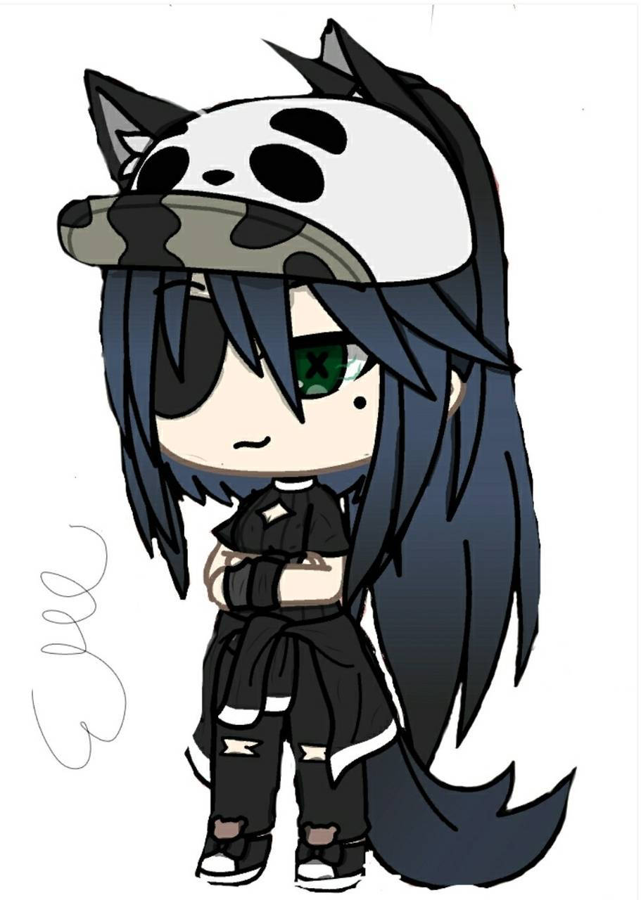Cute Tomboy 桌布 壁紙 — 藍髮熊貓帽子的Q版動漫角色，穿著黑色服裝，雙手交叉站立。