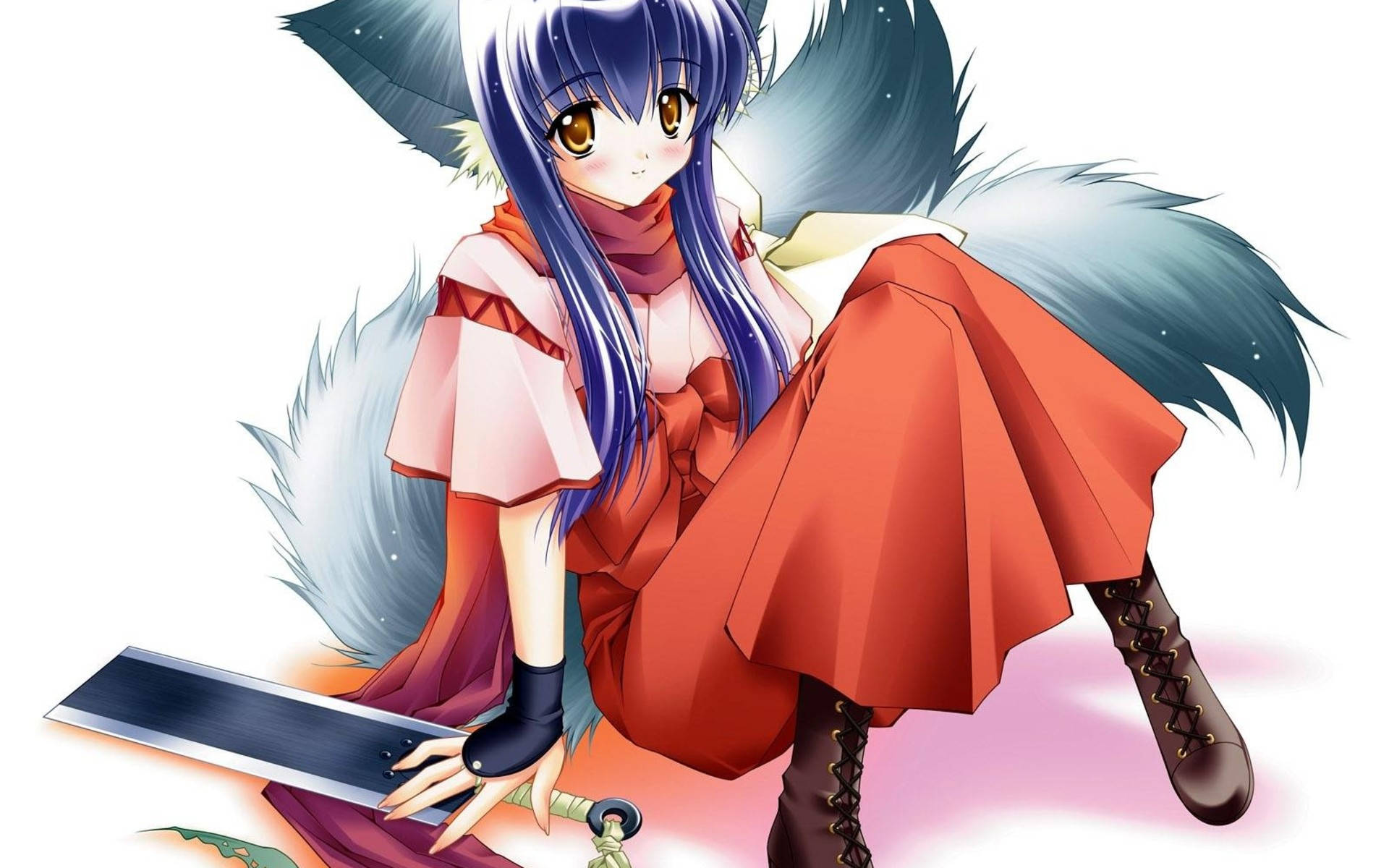 Wolf Girl 桌布 壁紙 — 藍髮狐耳動漫少女以動態姿勢坐著，手持劍，背景為白色。
