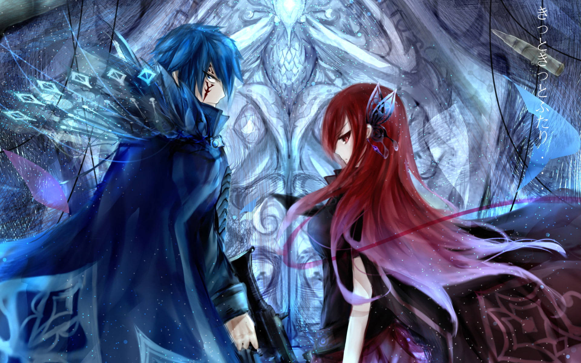 Fairy Tail Characters 桌布 壁紙 — 藍髮男性和紅髮女性動漫角色在神秘環境中，面對面站在發光的華麗大門前。