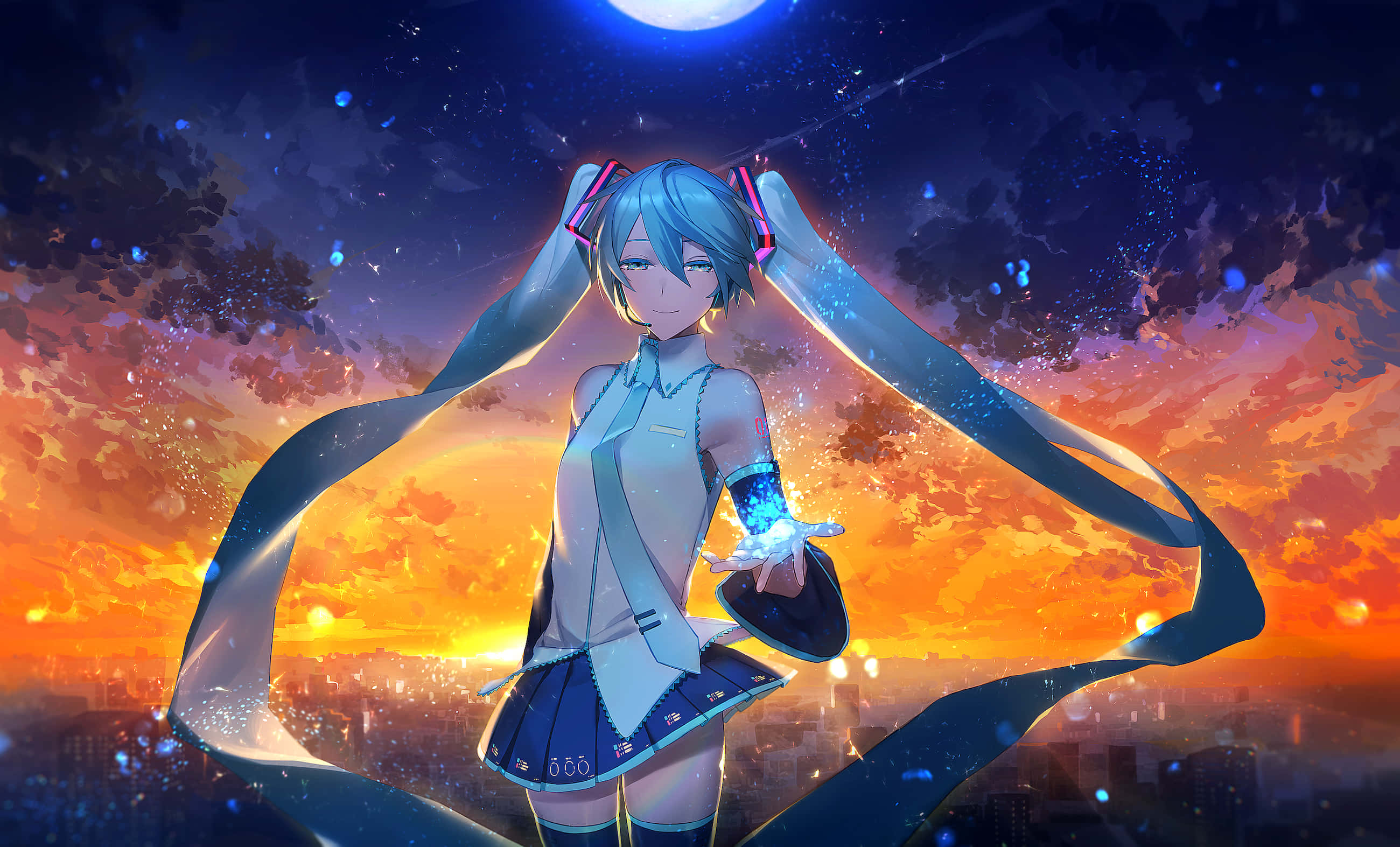 初音未來 桌布 壁紙 — 藍髮發光絲帶的動漫女孩站在充滿活力的日落天空下，上方有一輪滿月。