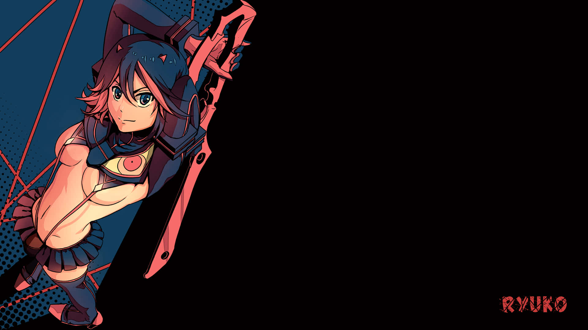 Kill La Kill 桌布 壁紙 — 藍髮紅武的動漫少女在帶有漫畫風格半色調圖案的深色背景上動態擺姿勢。