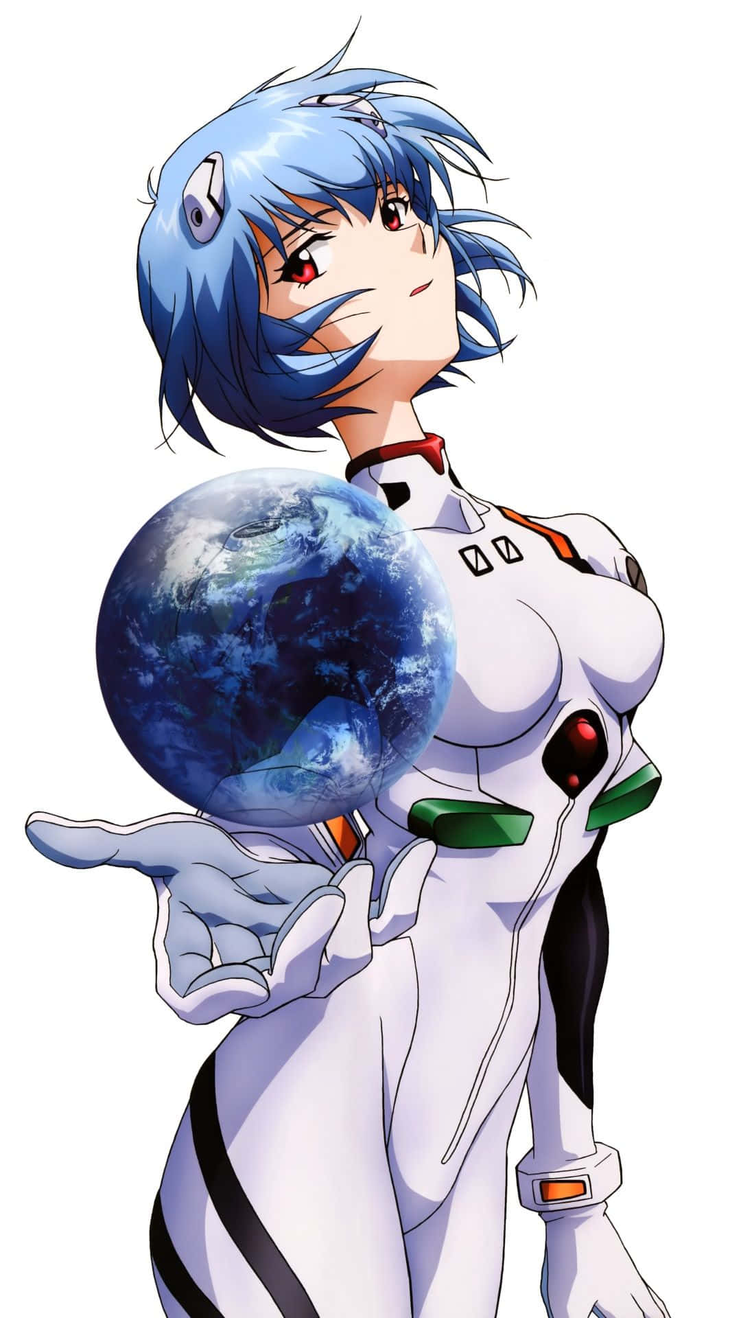rei ayanami 桌布 壁紙 — 藍髮紅眼動漫女孩手持詳細地球儀，背景為白色。