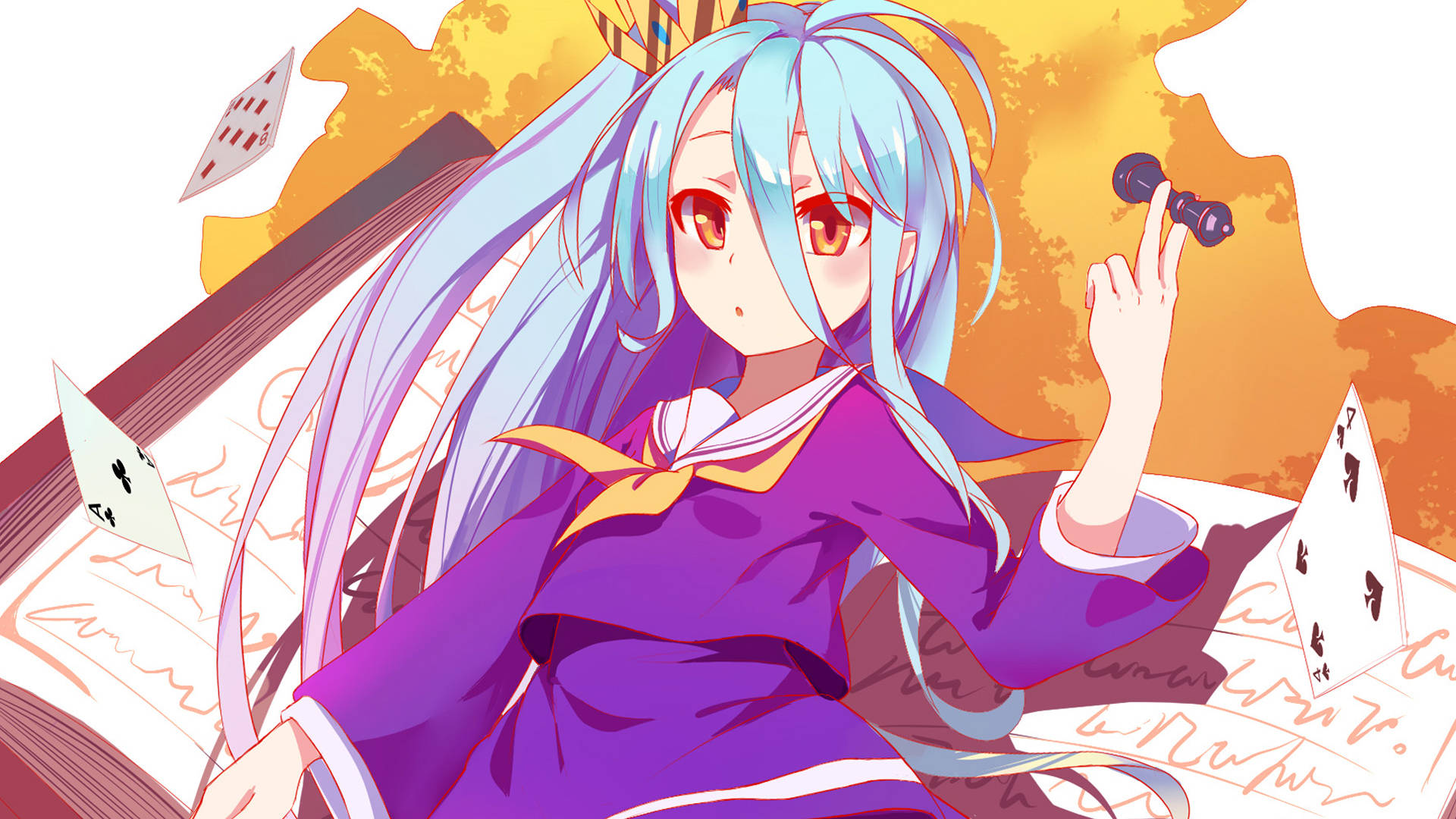 game 桌布 壁紙 — 藍髮紅眼動漫女孩手持骰子，漂浮的卡片在溫暖的金色光芒中圍繞她旋轉。