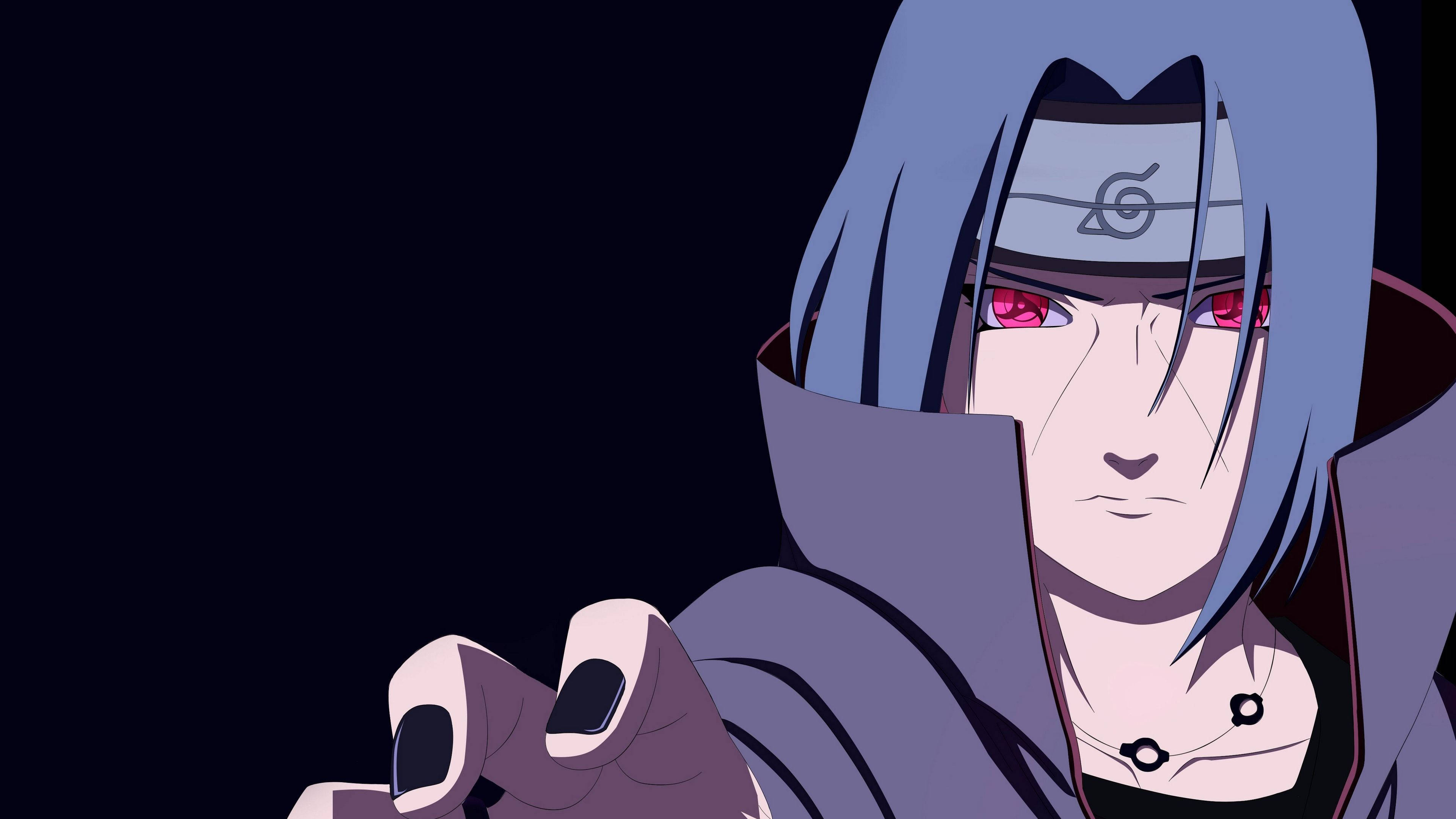 akatsuki itachi 桌布 壁紙 — 藍髮紅眼動漫角色在黑暗背景中伸出手。