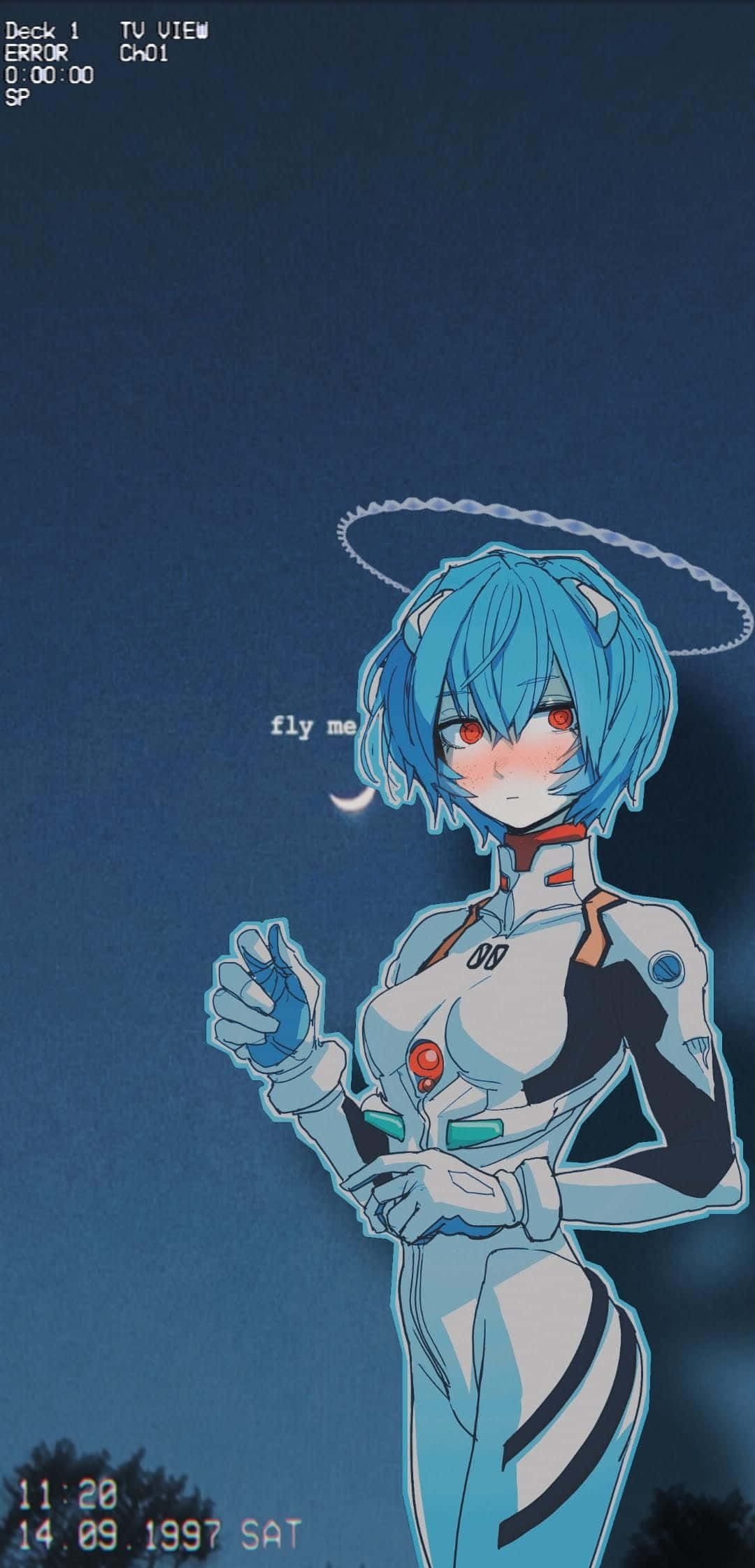 rei ayanami 桌布 壁紙 — 藍髮紅眼的動漫女孩，身穿黑白套裝，站在深藍色的夜空前，頭頂有一彎新月和一個光環般的圓環。