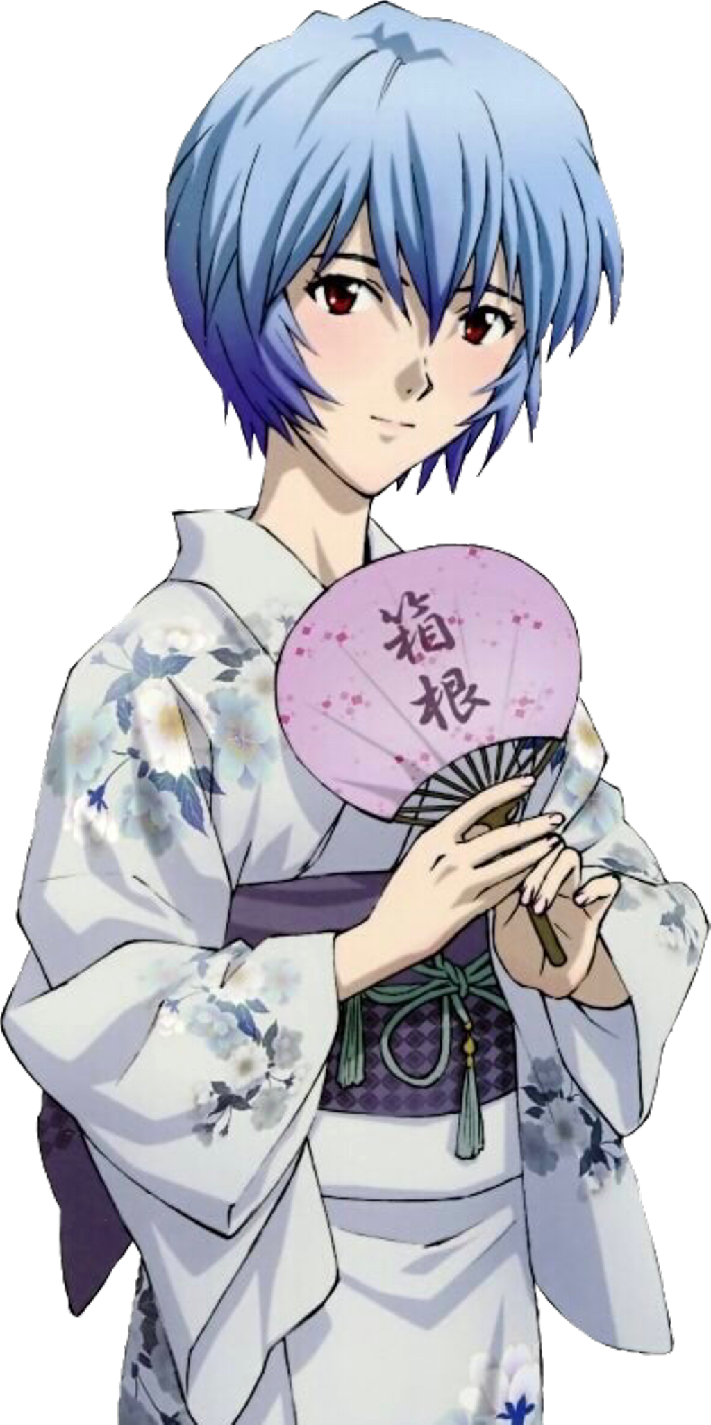新世紀福音戰士 桌布 壁紙 — 藍髮紅眼的動漫女孩穿著花卉和服，手持帶有日文字樣的粉色扇子。
