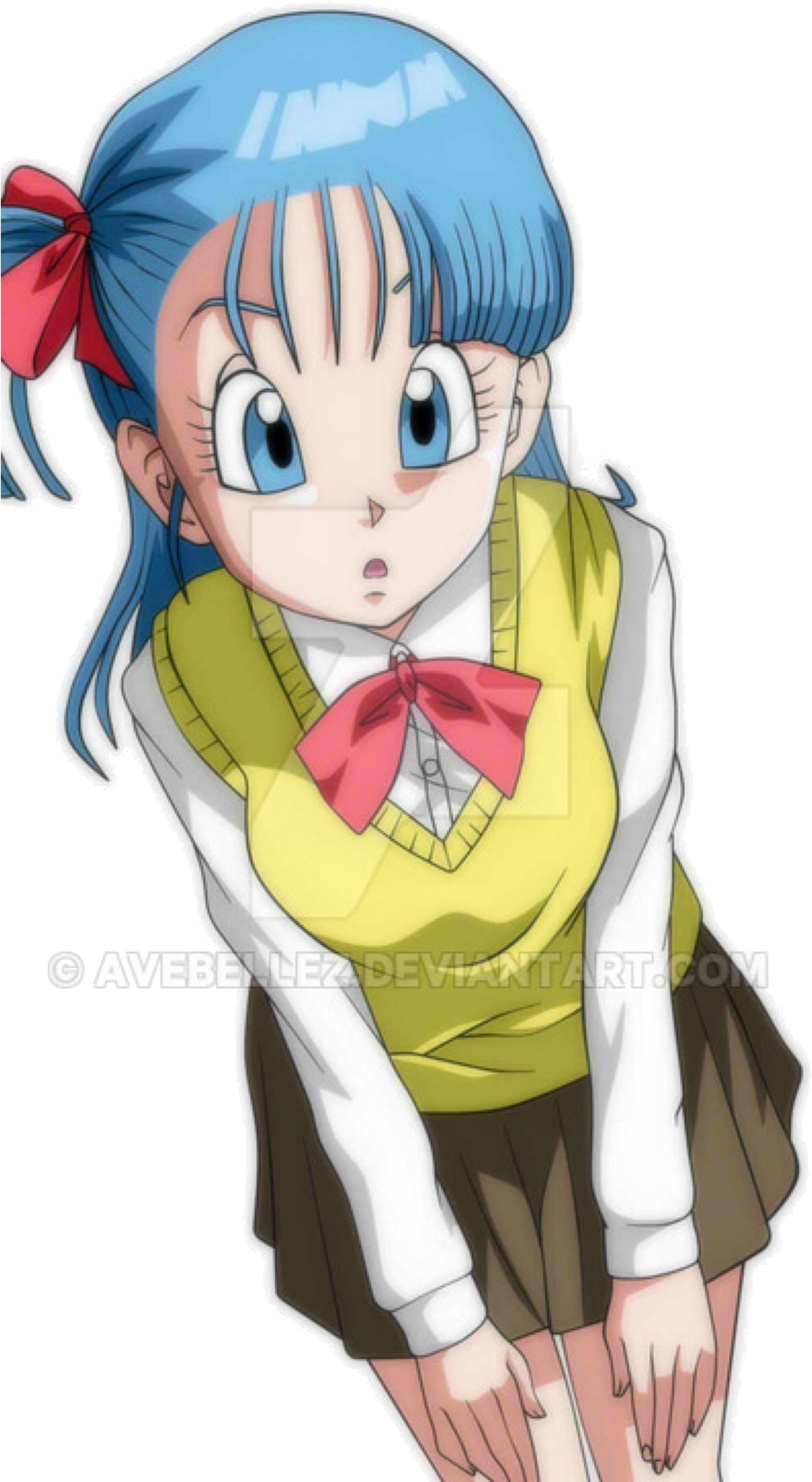 Dragon Ball Z Characters 桌布 壁紙 — 藍髮紅蝴蝶結的動漫女孩穿著校服，在黑色背景前顯得驚訝。