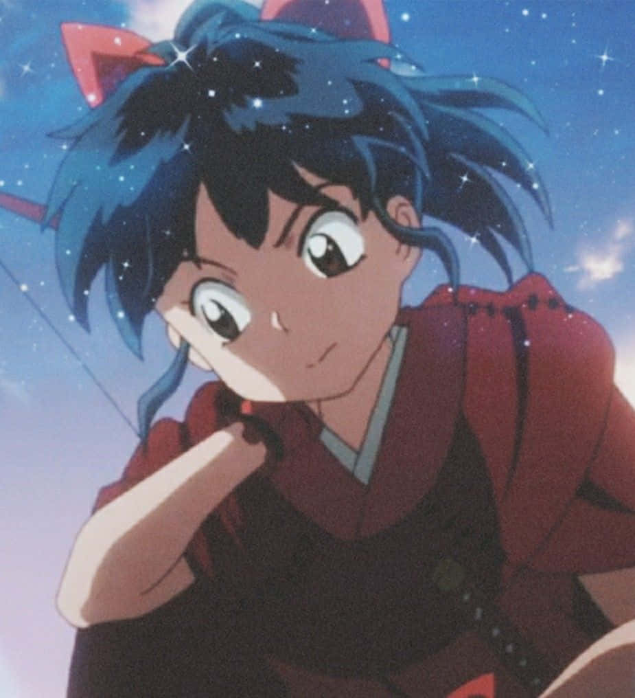 Yashahime 桌布 壁紙 — 藍髮紅貓耳動漫少女在星空暮色下沉思凝望。